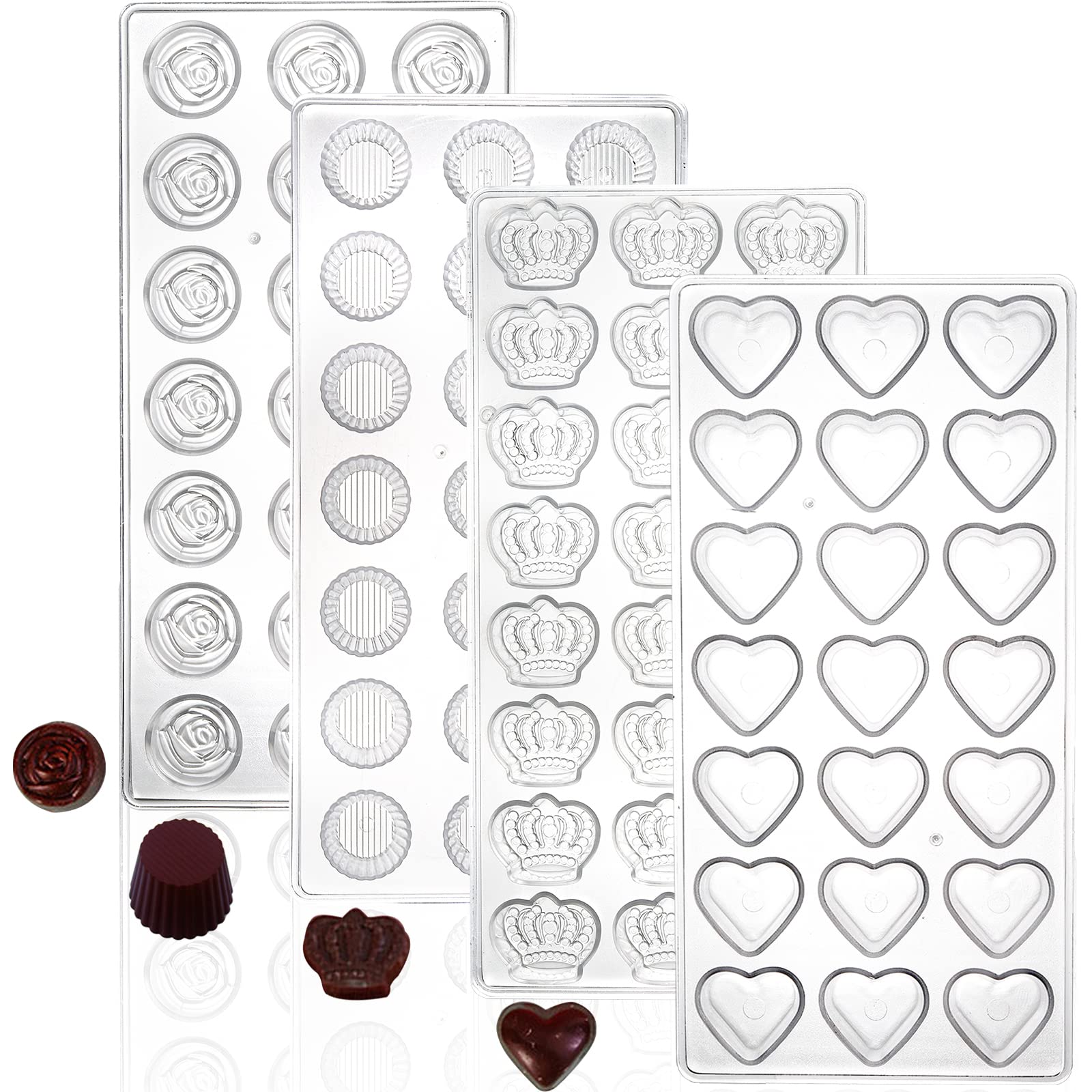 ZEAYEA 4 Pack 87 Grids Polycarbonate Chocolate Molds - Candy Making Molds for DIY Chocolate, Cookies, Mousse & Jelly - Heart, Rose, Crown & Cup Shapes - Perfect for Baking, Party Treats & Holiday Gifts