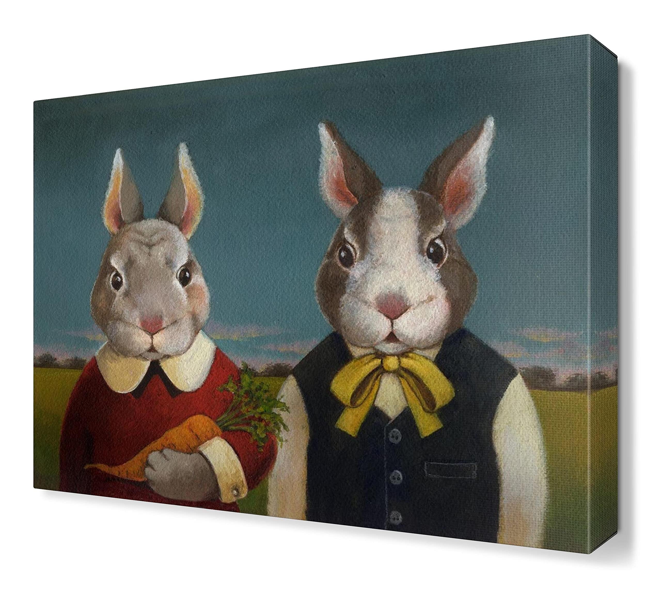 Victorian Rabbit Couple Canvas Wall Art - 50x70cm (20x28in) Framed Painting for Bathroom, Kitchen, Bedroom, Office & Home Decor - Perfect for Vintage Style Interiors and Gift Giving