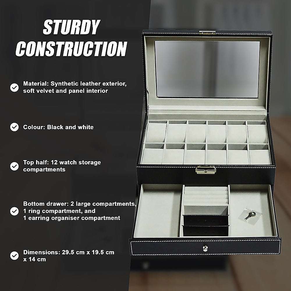 12-Slot Leather Watch Display Case with Lock & Key - Jewelry Storage Box Organizer for Men's Watches & Accessories - Perfect for Retail Stores, Watch Collections & Gift Presentation