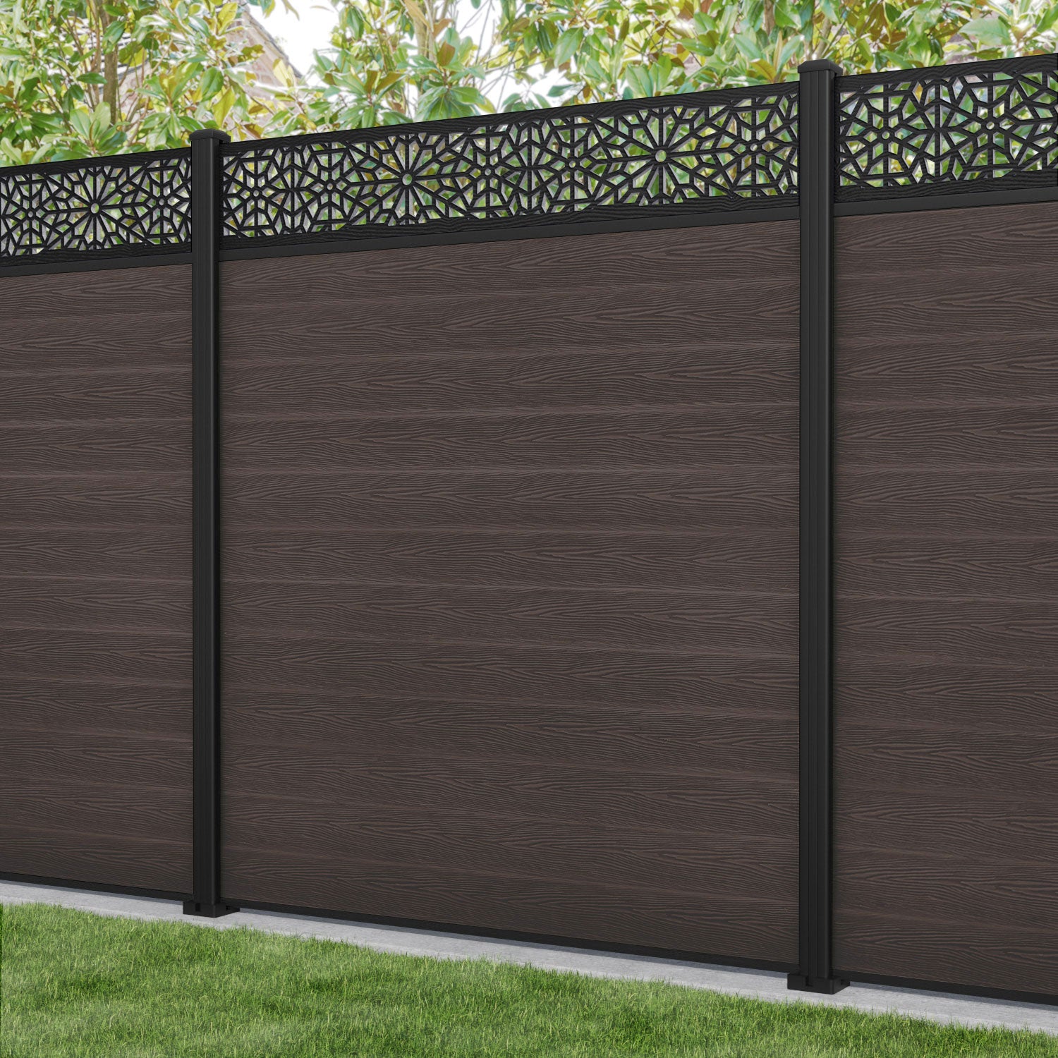 Classic Alnara Fence Panel - Mid Brown Wood Privacy Fence with Aluminum Posts | Durable Outdoor Garden Fence for Backyard, Patio & Poolside
