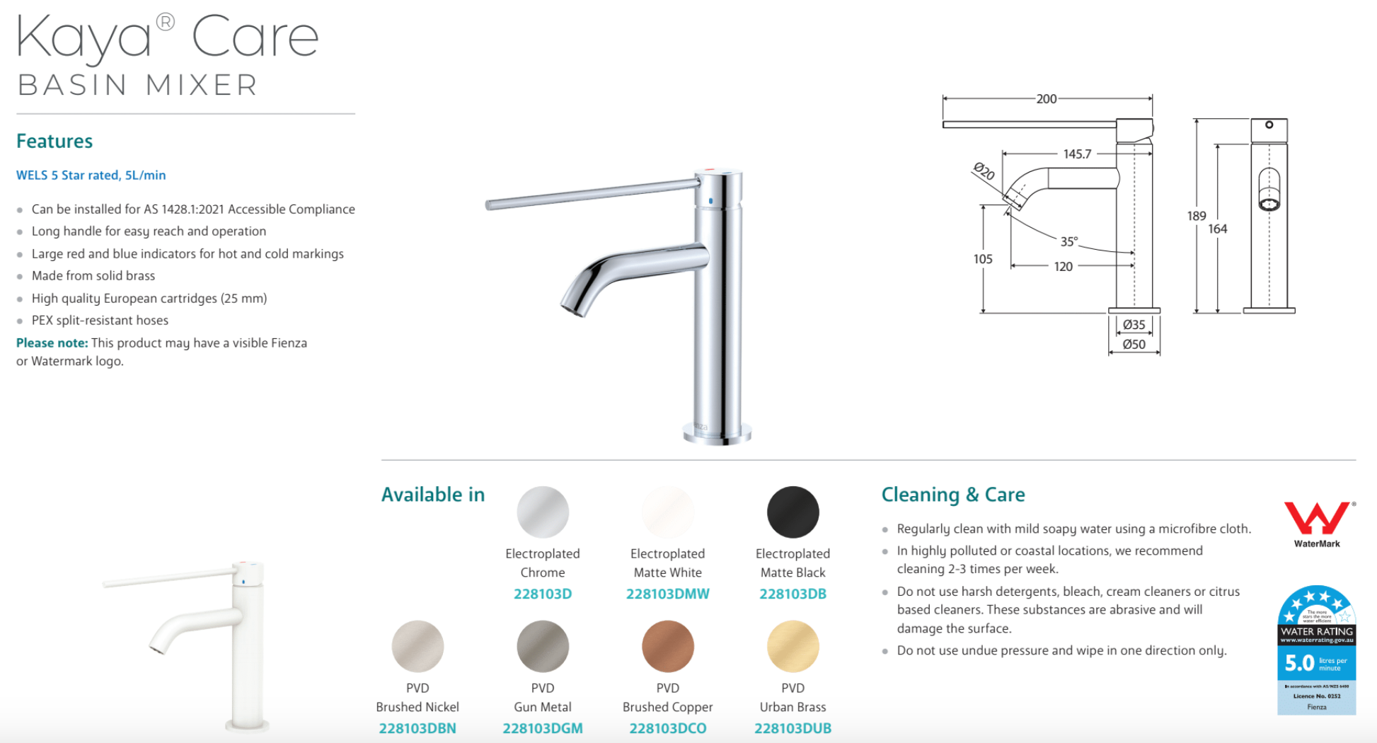 Fienza 228103DMW Kaya Care Basin Mixer Faucet - Matte White Finish - Modern Bathroom Sink Faucet for Bathroom Vanity, Powder Room & Guest Bath Installation