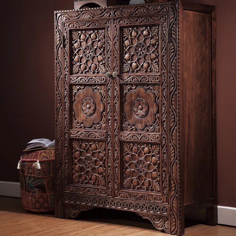 Hand Carved Brown Wooden Armoire - Solid Wood Wardrobe for Bedroom & Closet Organization | Vintage Style Storage Cabinet for Home Decor