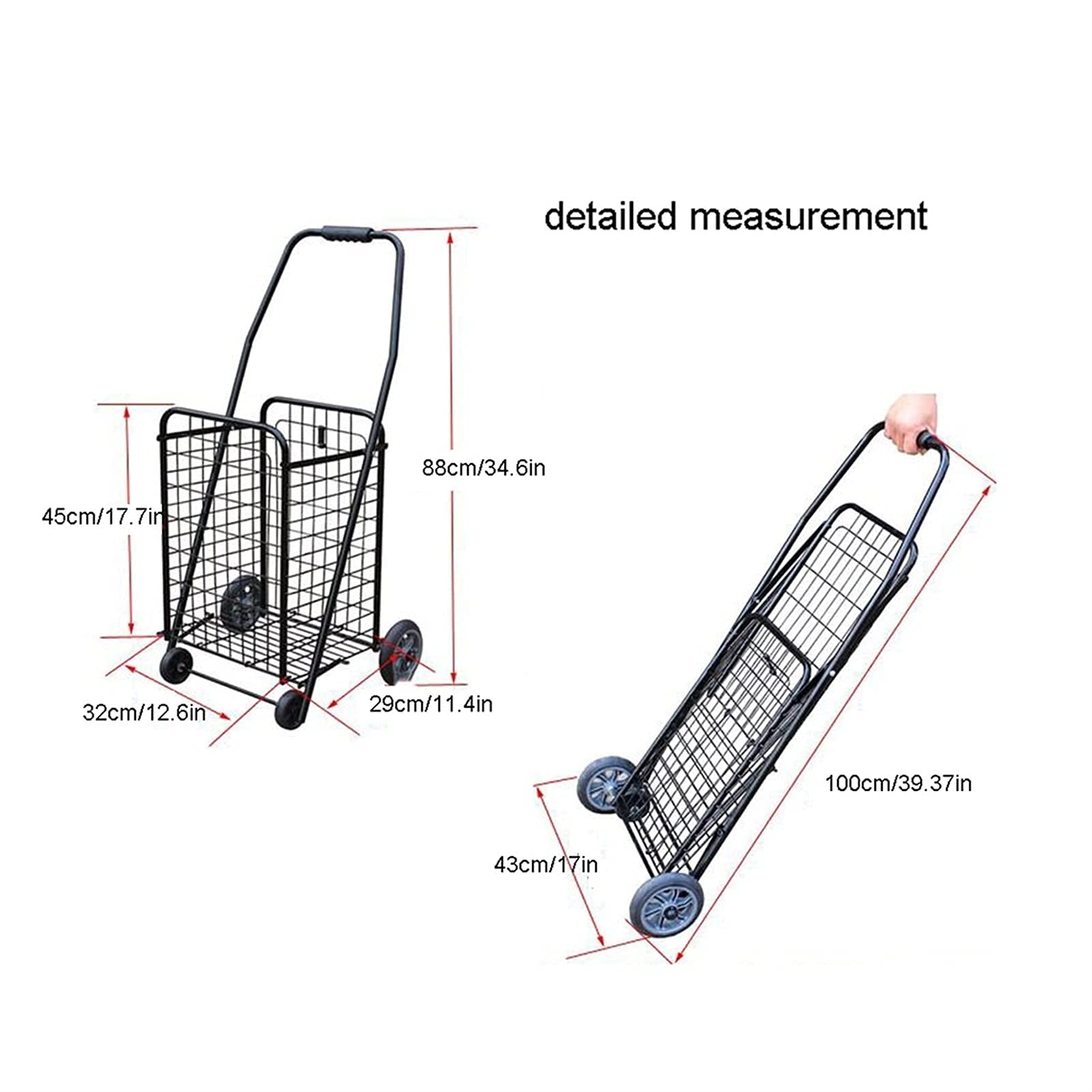Collapsible Folding Wagon Cart with Swivel Wheels - Portable Aluminum Frame Utility Cart for Groceries, Shopping, Beach, Picnic & Outdoor Activities (Black)