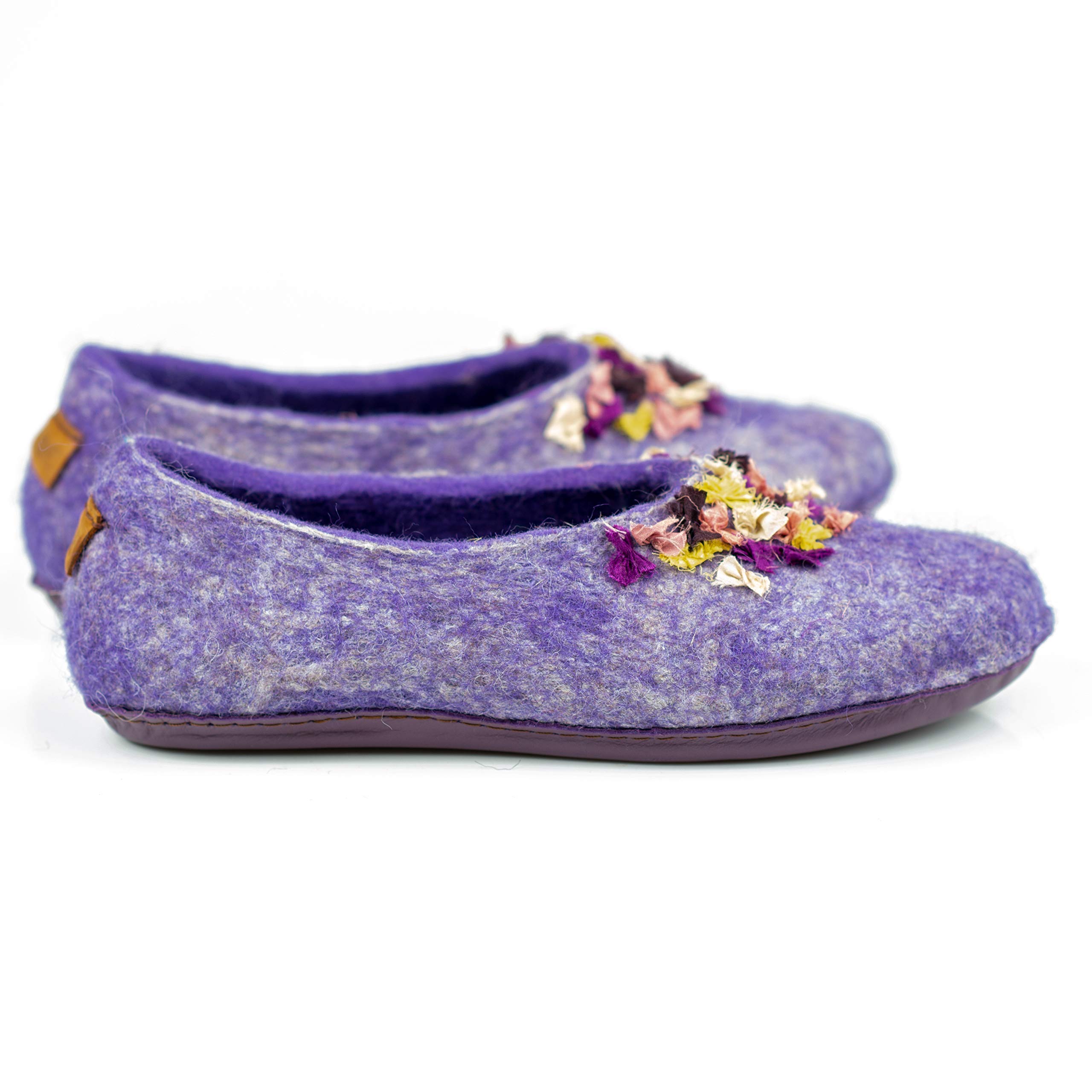 Handmade Women's Wool Slippers with Indian Silk Ribbons - Cozy Winter House Shoes for Women - Perfect Mother's Day Gift & Birthday Present for Her