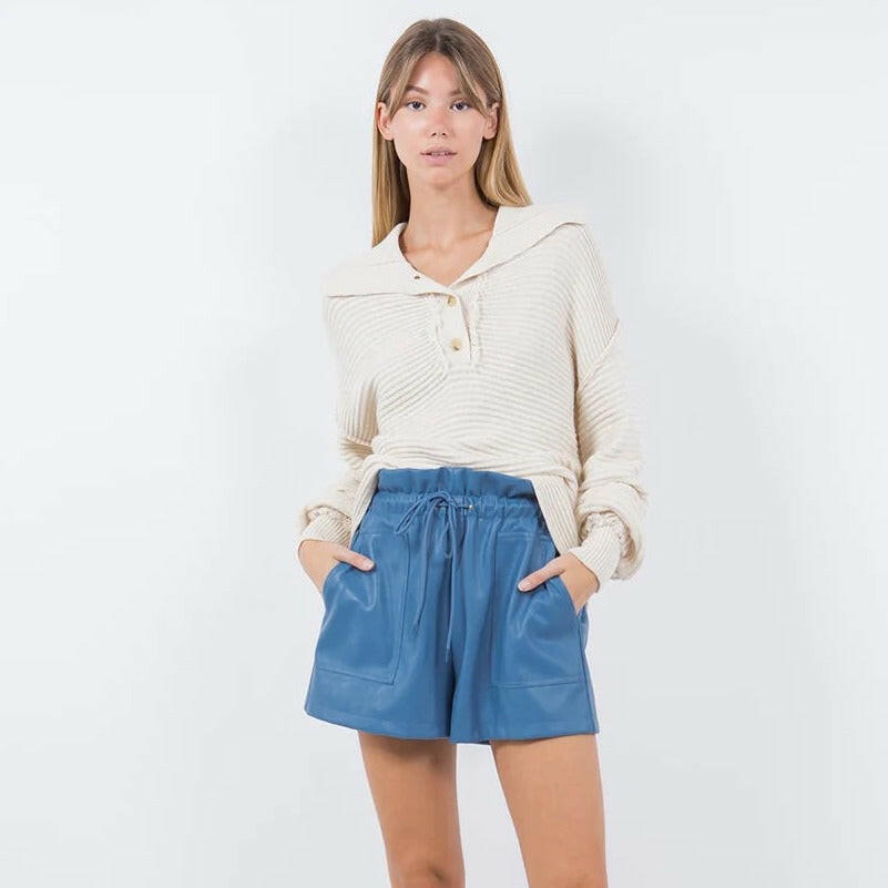 Premium Blue Leather Shorts with Pocket Detail - Stylish & Comfortable for Casual Wear, Night Out, and Summer Fashion