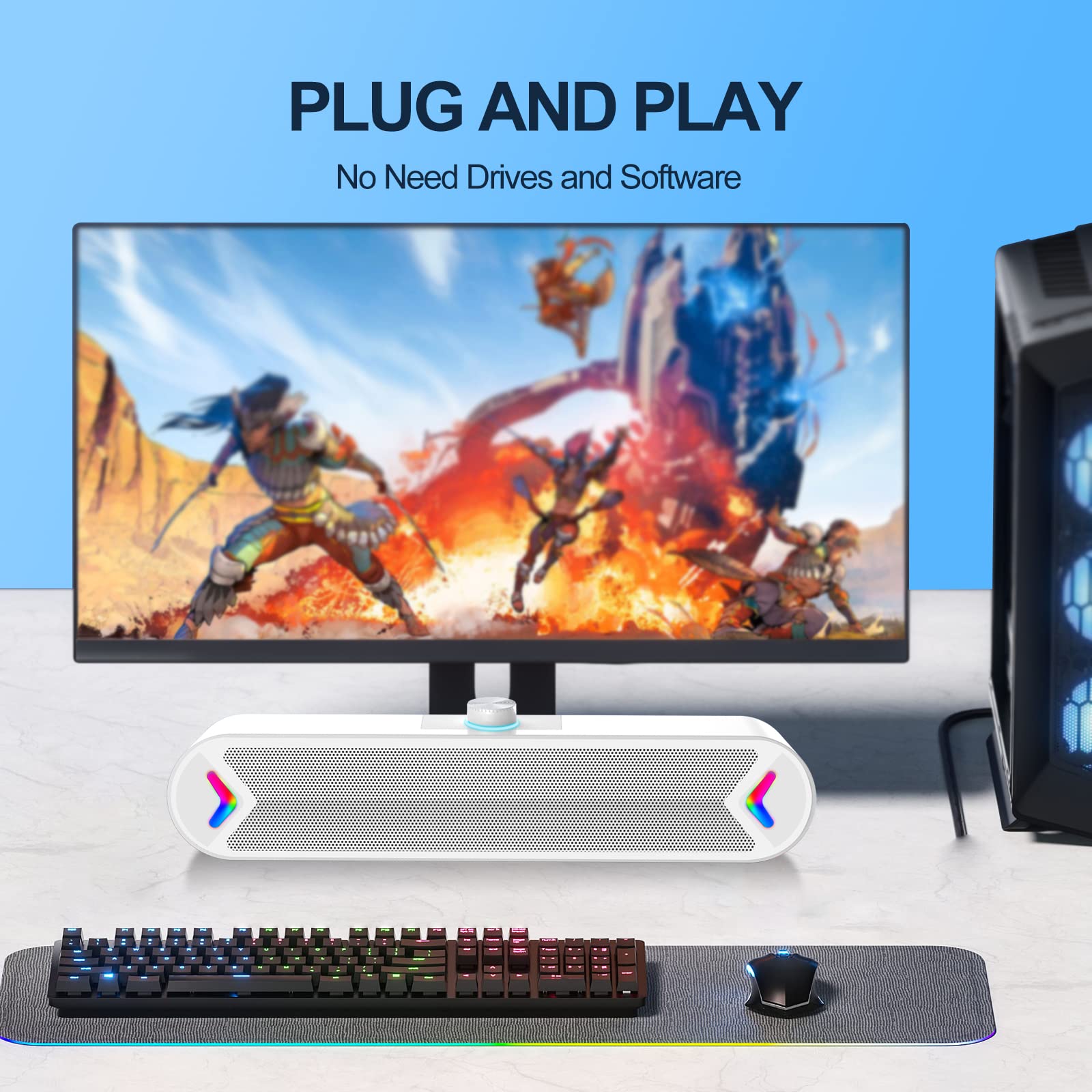 LENRUE 10W Stereo USB-Powered Computer Speakers - Wired Soundbar for PC & Desktop, Compact White Design for Home Office & Gaming Setup
