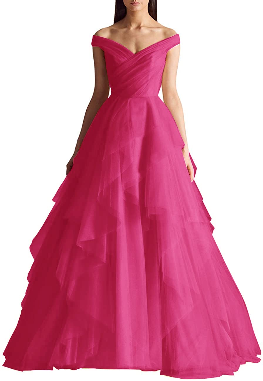 Elegant Off Shoulder Tulle Prom Dress with Tiered Pleats - Long Formal Ball Gown for Women | Perfect for Homecoming, Wedding, Quinceañera & Special Occasions