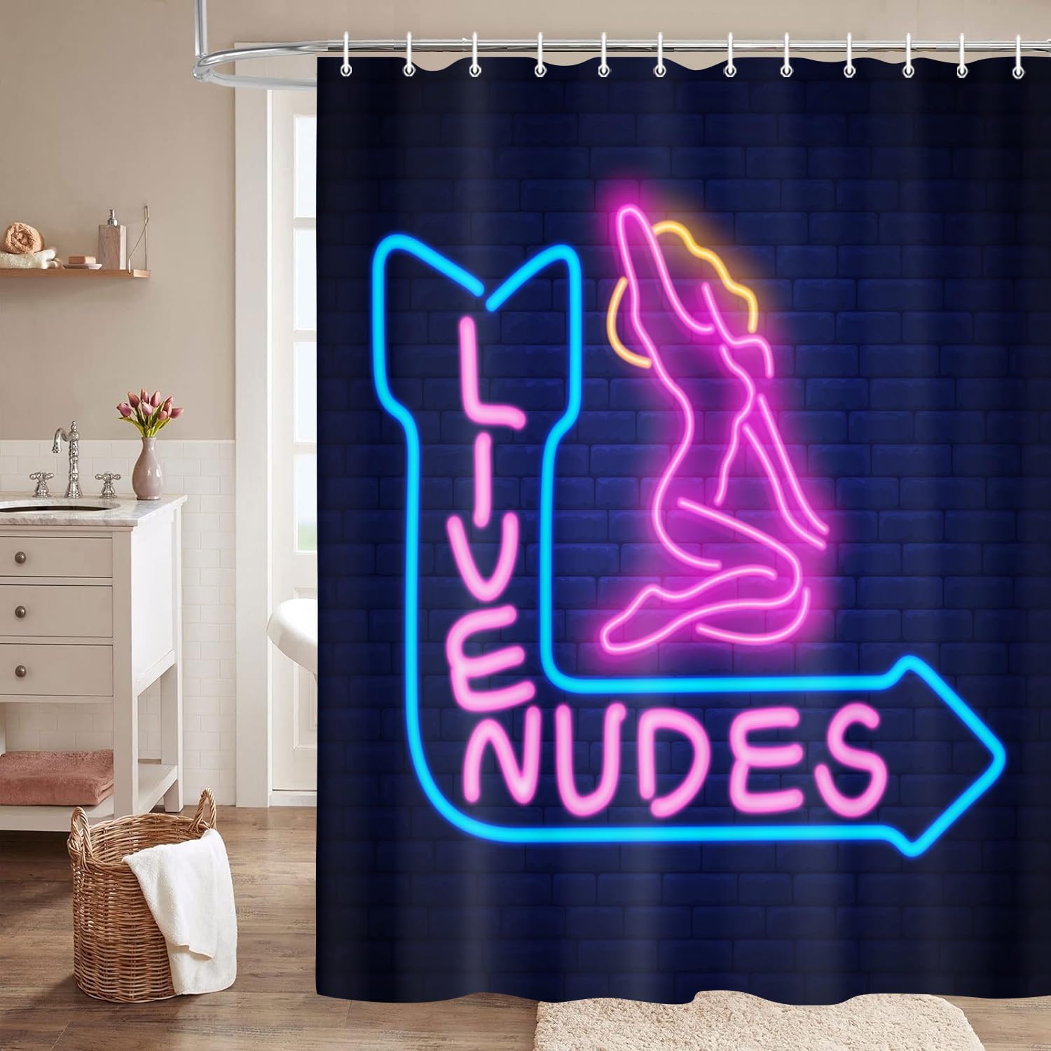 JAWO Funny Live Nudes Shower Curtain - Blue & Purple Bathroom Decor with Neon Sign & Sexy Girl Design - 69x70 Inch Fabric Shower Curtain Set with Hooks - Perfect for Unique Bathroom, Party, or Bachelor Pad Decor