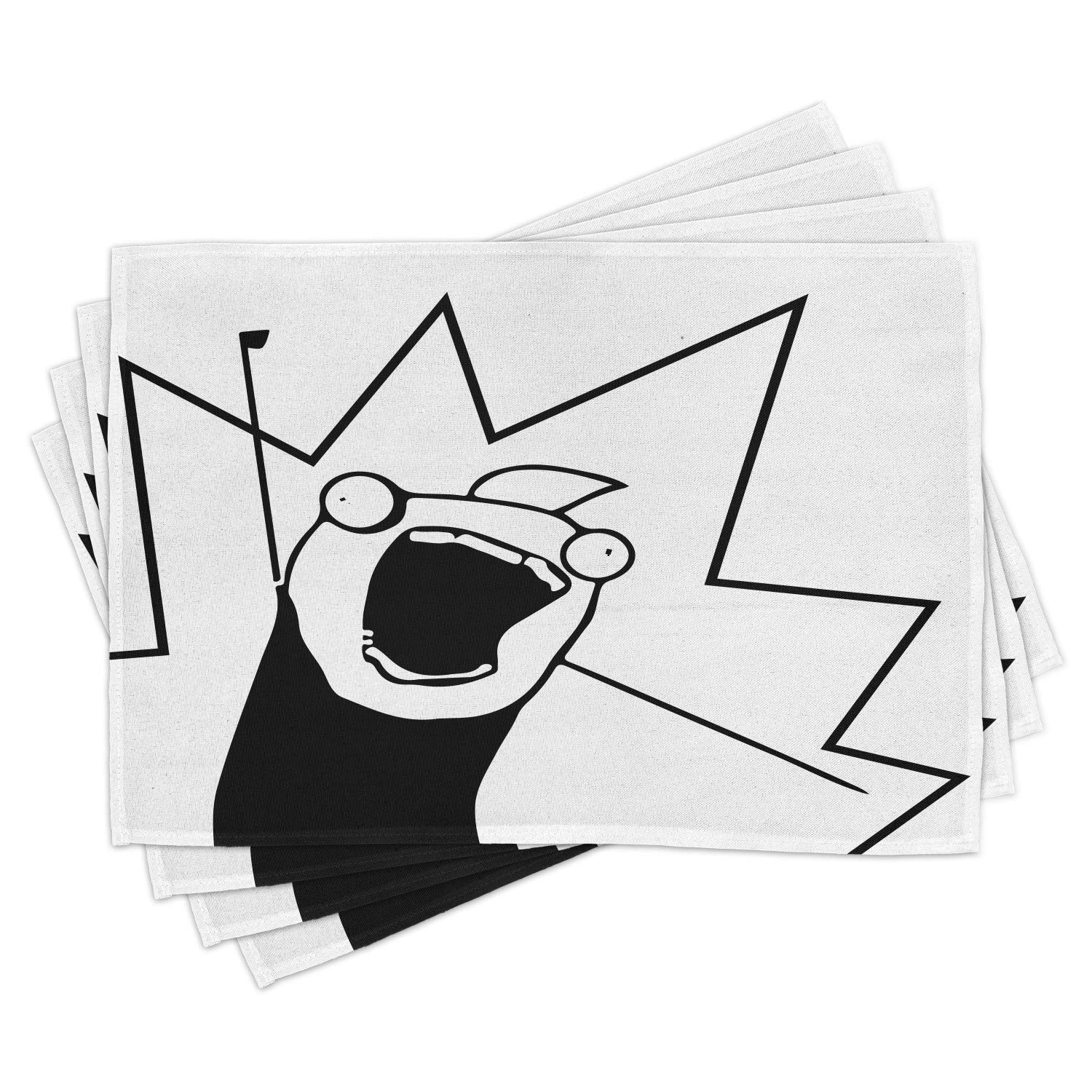 Ambesonne 4-Pack Humor Place Mats Set - Happy Stick Meme Troll Face Cheerful Expression Digital Modern Design - Washable Fabric Placemats for Dining Room & Kitchen Table Decor (Black & White) - Perfect for Parties, Family Dinners & Meme Lovers