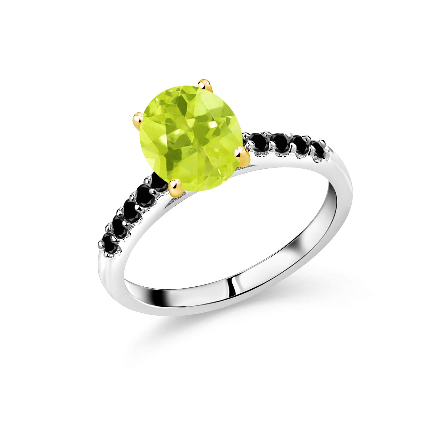 2.33 Ct Natural Yellow Lemon Quartz & Black Diamond 10K White Gold Ring with Yellow Gold Prongs - Elegant Wedding, Engagement & Anniversary Jewelry Gift for Women