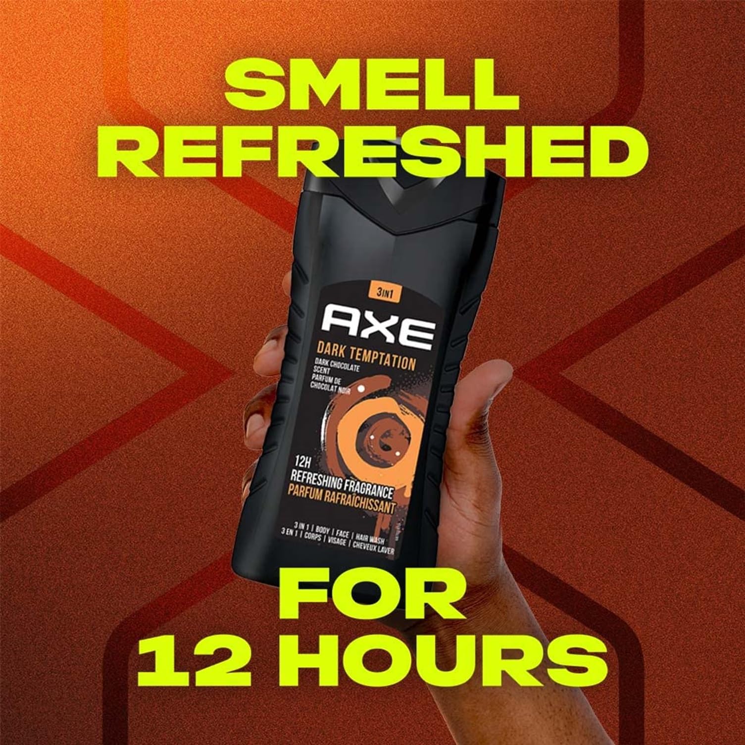 Axe Dark Temptation 3-in-1 Body Wash, Face Wash & Shampoo for Men - Long Lasting Dark Chocolate Scent, Natural Ingredients, Odor & Bacteria Protection, Dermatologist Tested (400ml) - Perfect for Gym, Travel & Daily Shower Routine