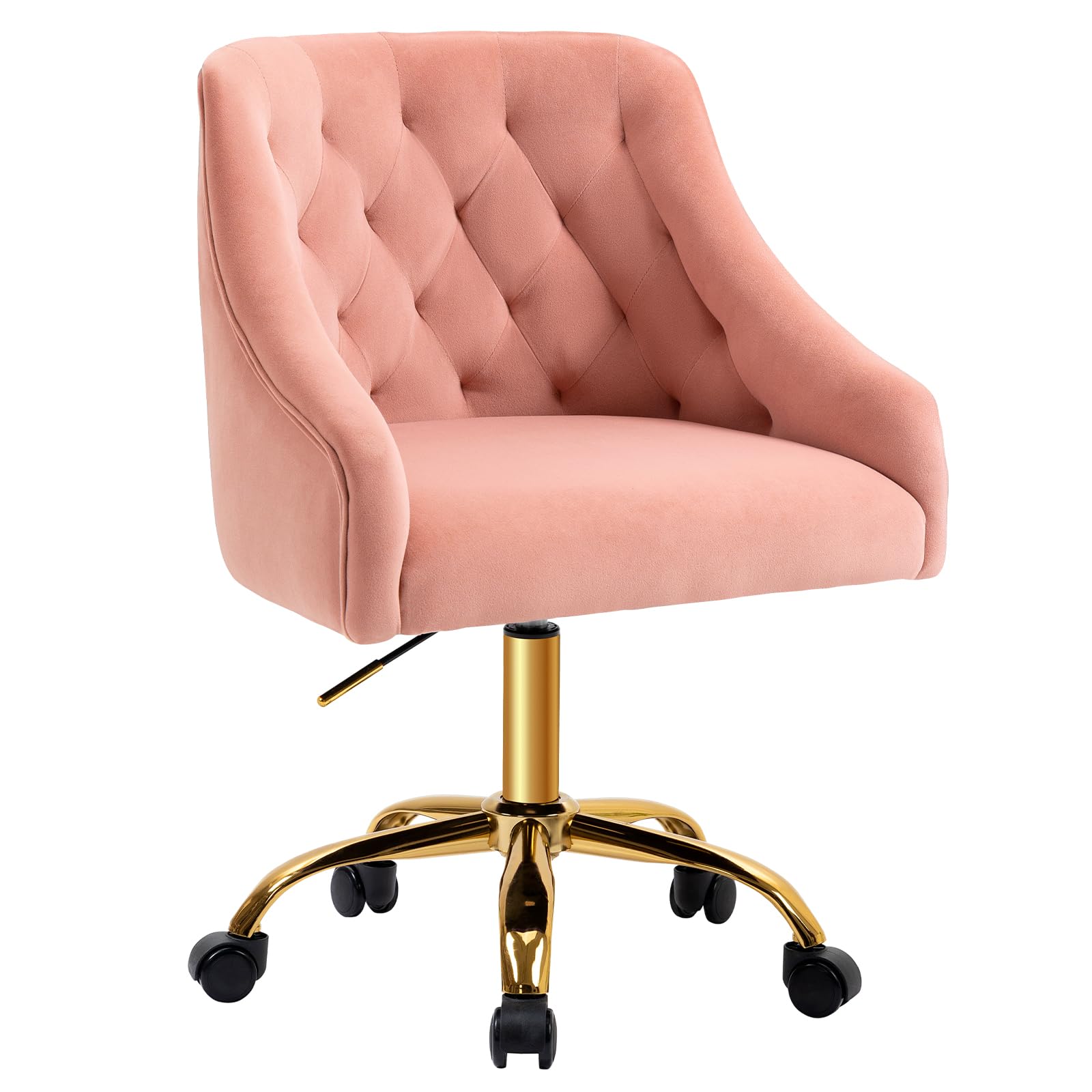Luxury Velvet Swivel Office Chair with Gold Base - 360° Rotation & Height Adjustable - Pink Fabric Desk Chair for Women - Perfect for Home Office, Reception, and Vanity Areas