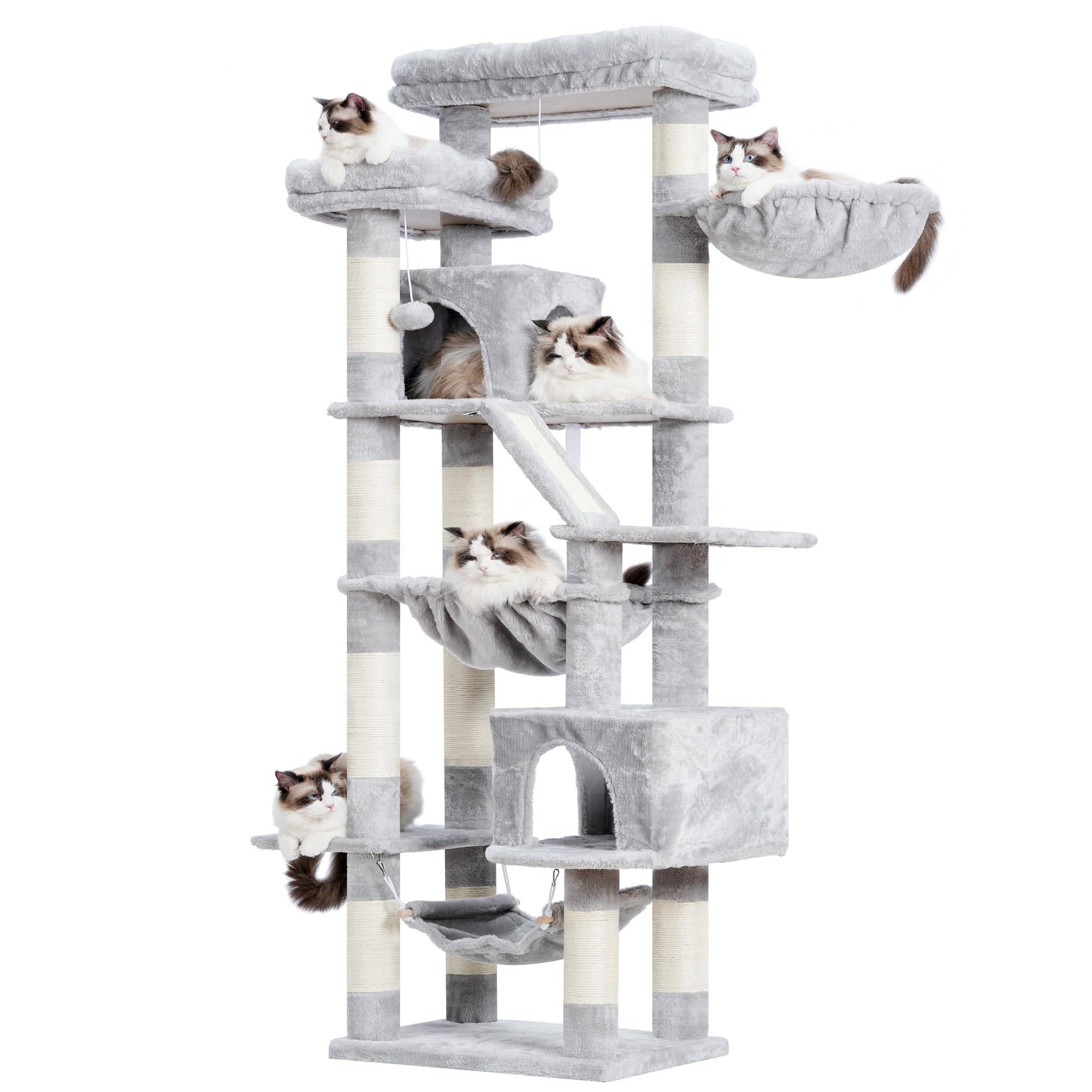 Heybly 71-Inch Tall Cat Tree with 2 Perches, 2 Condos & 2 Hammocks - Multi-Level Cat Tower with Scratching Pad & Basket - Large Indoor Cat Furniture for Play & Rest (Light Gray HCT034W) - Perfect for Small Spaces & Multi-Cat Homes