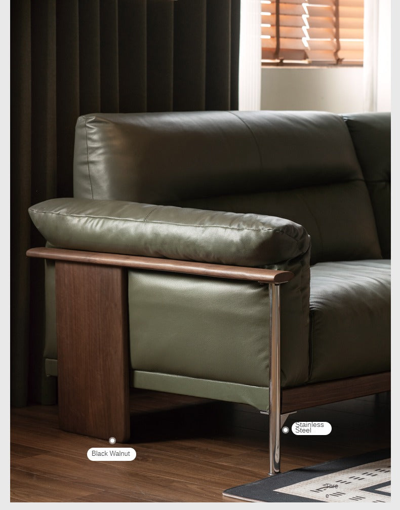 Premium Black Walnut Solid Wood Italian Leather Sofa - Modern Luxury Living Room Furniture for Home & Office Comfort