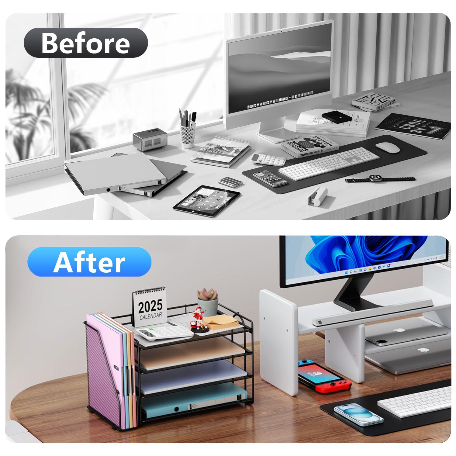 4-Tier Paper Organizer with Magazine Holder - Black Desk Organizer for Office Supplies, Files & Workspace Accessories | Perfect for Home Office, School & Workspace Organization