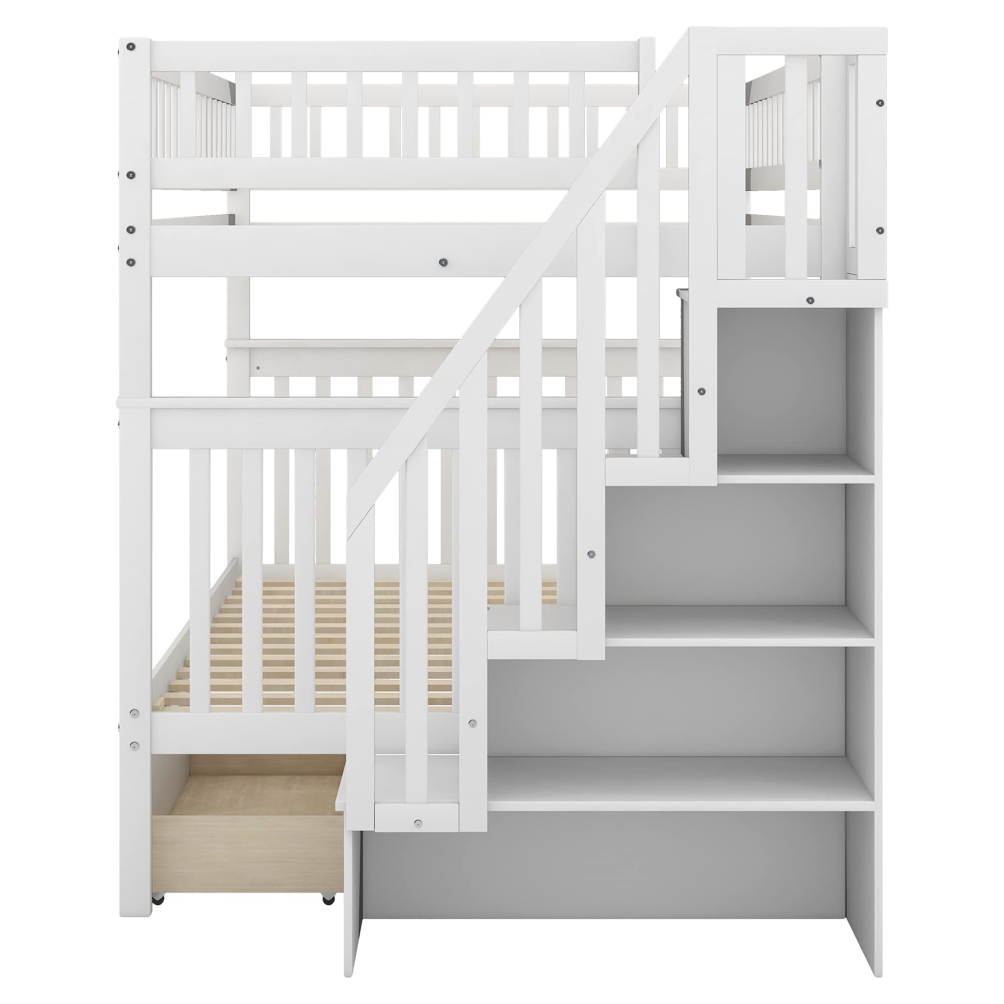 Solid Wood Full Over Full Bunk Bed with Stairway & Storage Drawers - White Twin Bunk Bed Frame with Guard Rail for Kids Bedroom, Dorm or Guest Room - Space Saving Solution for Small Rooms & Shared Spaces