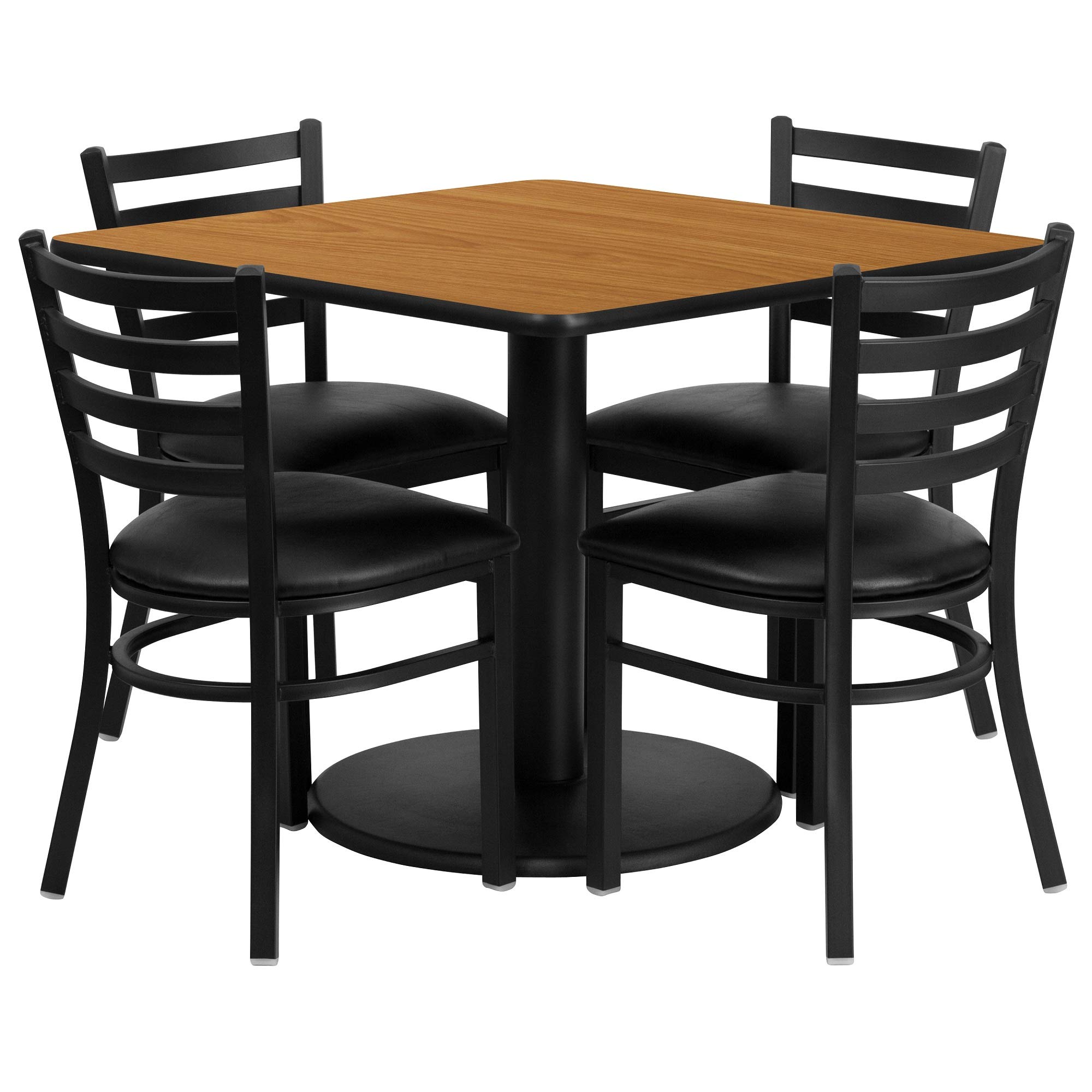 36'' Square Natural Round Base Dining Table Set with 4 Black Vinyl Seat Ladder Back Metal Chairs - Perfect for Kitchen, Breakfast Nook, Small Space & Outdoor Patio