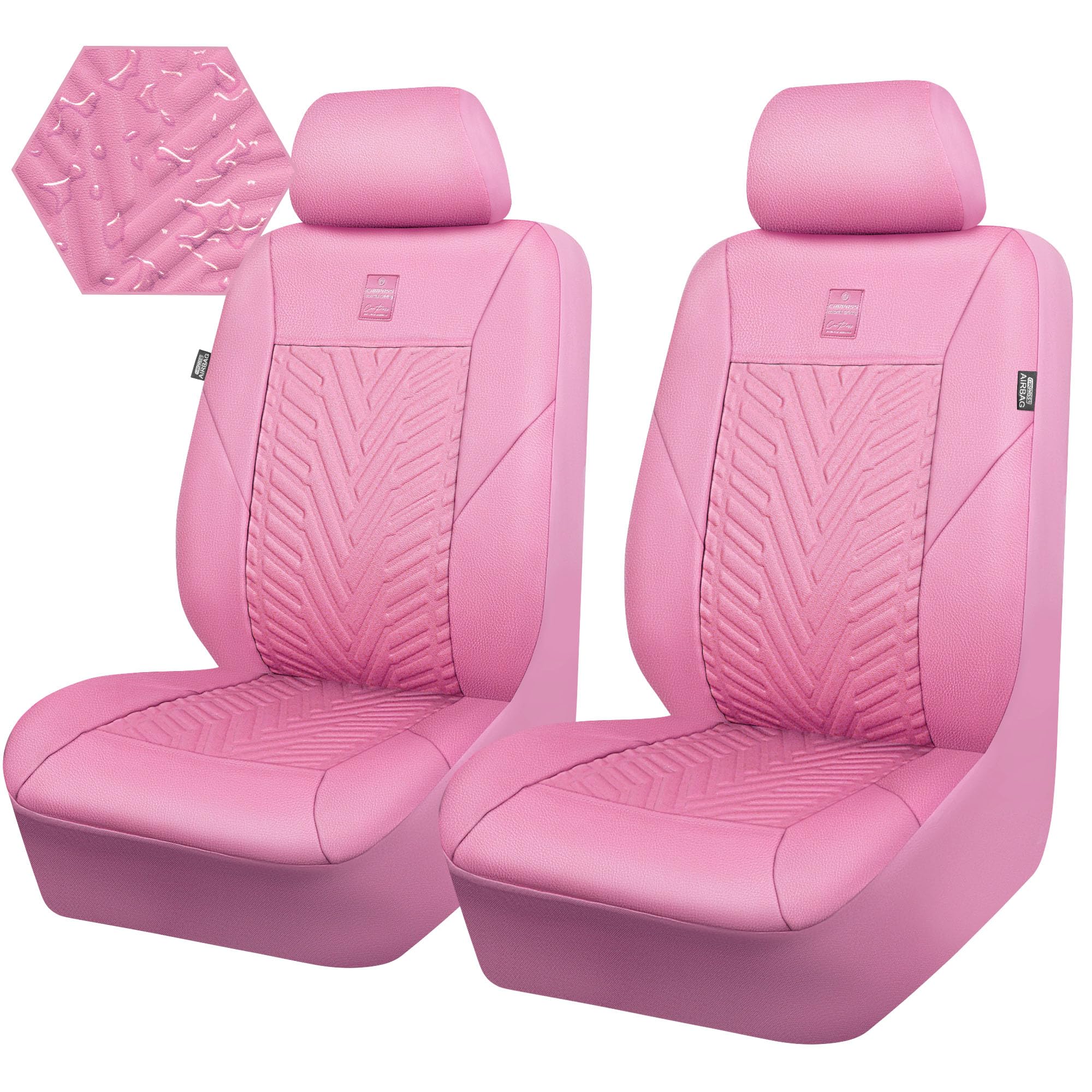 Premium CAR PASS Deluxe Faux Leather Car Seat Covers - 2 Front Seats Only, 3D Tire Embossed Waterproof Pink Seat Protectors | Airbag Compatible, Universal Fit for SUV, Truck & Automotive | Perfect for Daily Commute, Road Trips & Vehicle Protection (Pink)