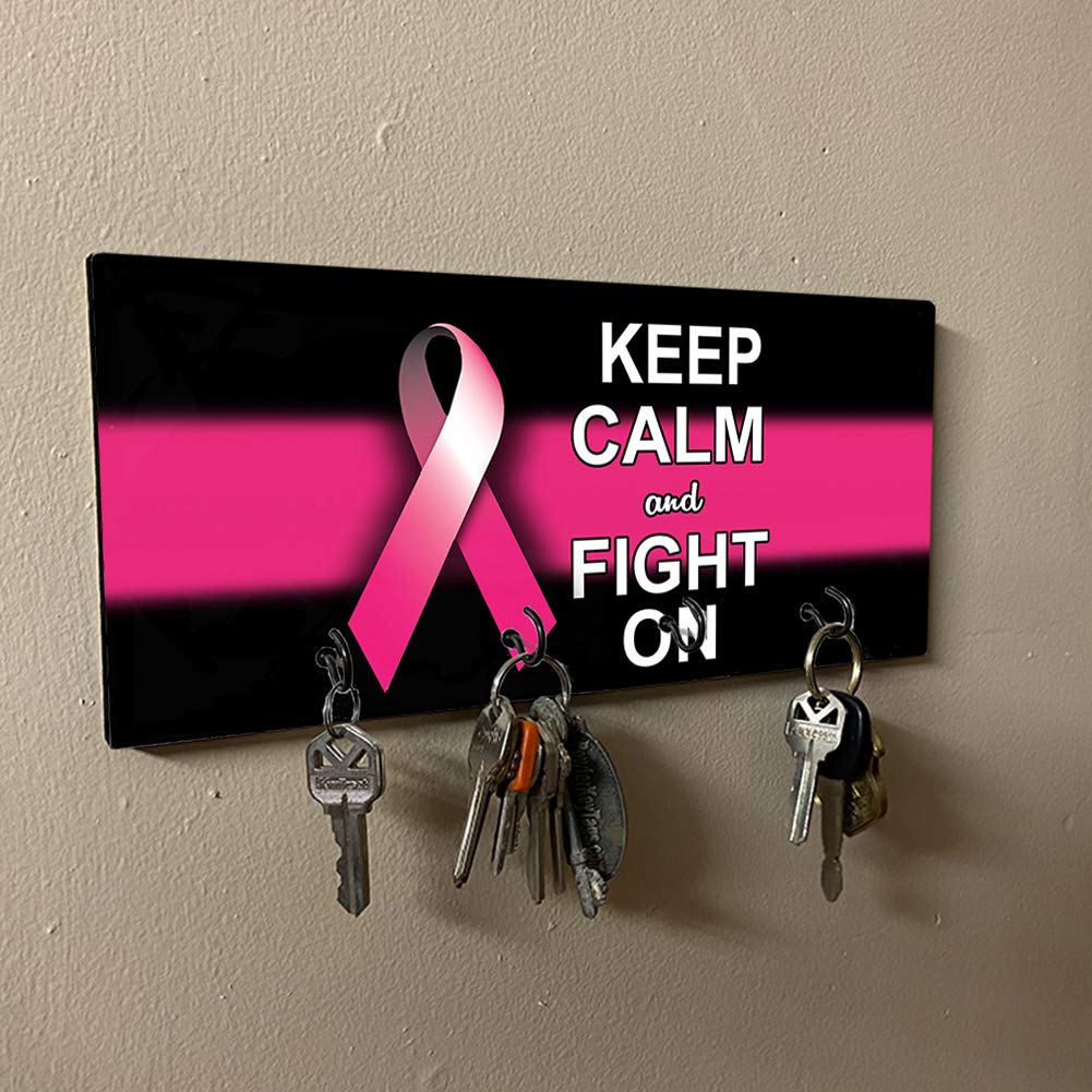Pink Ribbon Key Holder Wall Mount - Breast Cancer Awareness Key Organizer with 'Keep Calm and Fight On' Motto - Home & Office Key Rack for Keys, Jewelry & Accessories - Perfect for Kitchen, Entryway, or Bedroom Organization