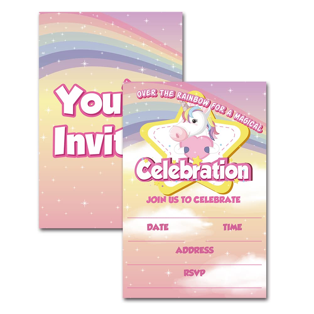 Magical Unicorn Birthday Party Invitation Cards - 20 Premium Invites with Envelopes for Girls' Birthday Celebrations, Unicorn Theme Party Supplies, Rainbow Decorations - Perfect for Kids' Birthday Parties, Baby Showers & Special Events (DLM220)