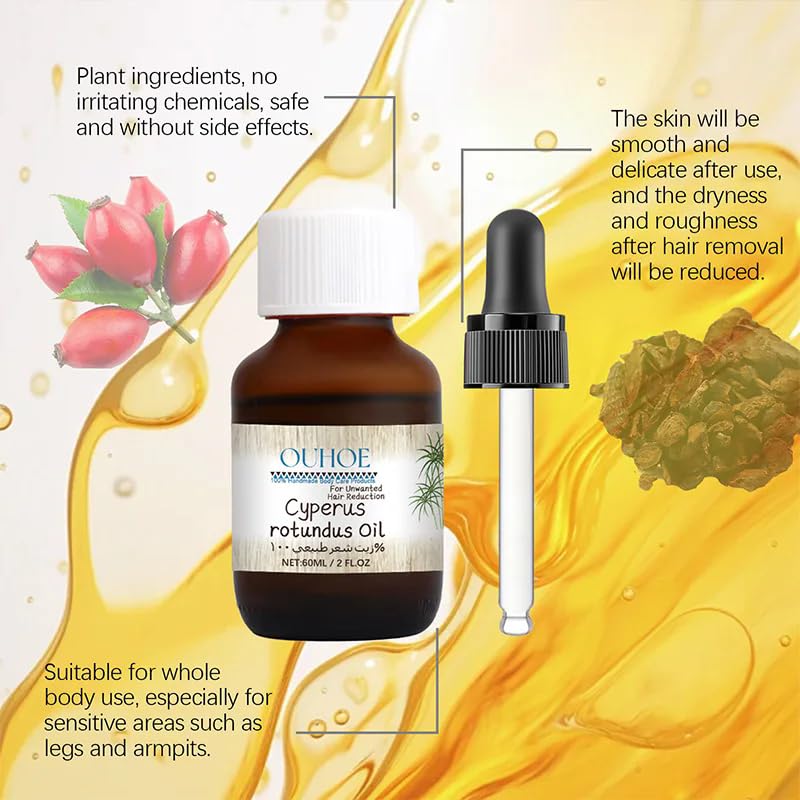 Pure Organic Cyperus Rotundus Oil for Hair Removal - 100% Natural & Effective Body Hair Growth Reduction - 2PCS Set - Perfect for Smooth Skin Care & DIY Beauty Treatments