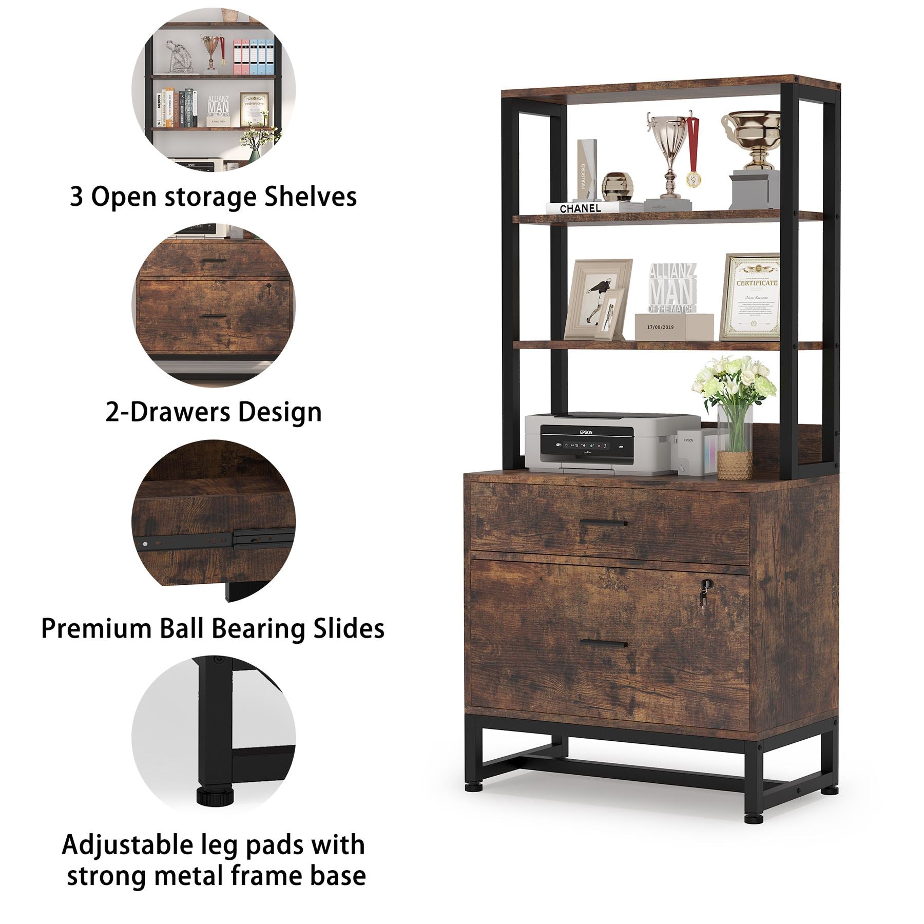 2-Drawer Locking File Cabinet with Bookshelf - Secure Vertical Filing Storage for Office, Home & School Organization