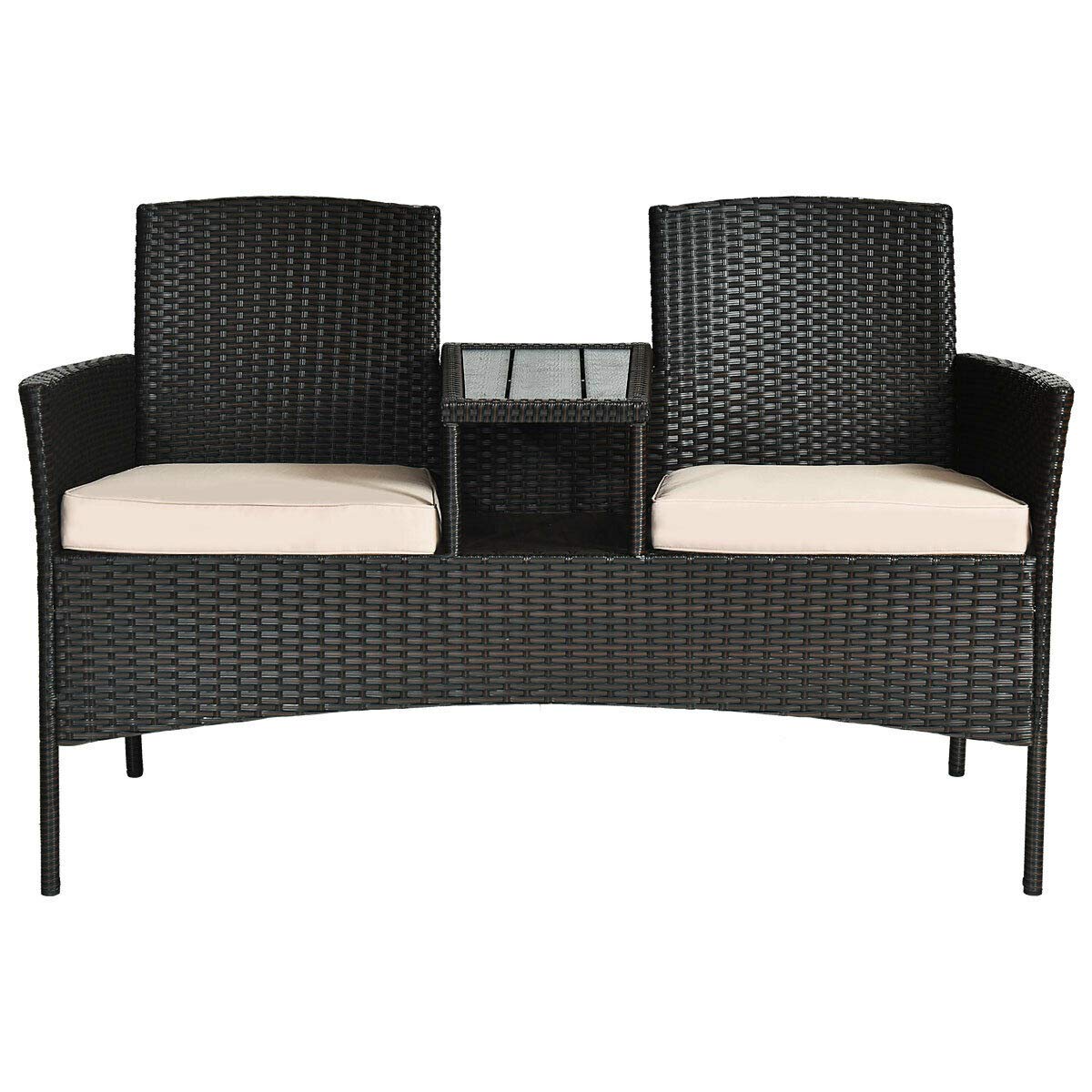 RELAX4LIFE Outdoor Rattan Wicker Loveseat Set with Coffee Table & Removable Cushions - Patio, Garden, Balcony Furniture for Relaxing - Brown & Beige Color - Perfect for Backyard, Poolside or Porch Lounging