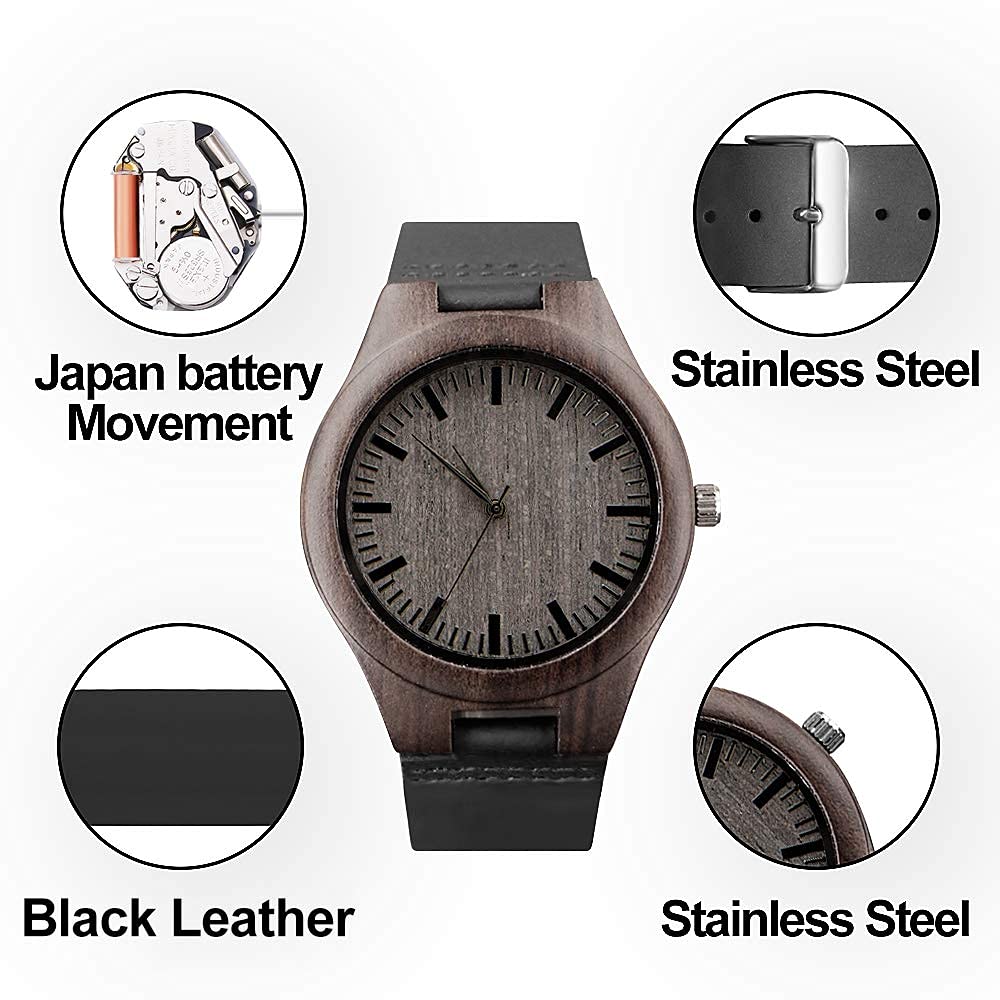 Kenon Engraved Wooden Watch for Men - Natural Ebony Wood Groomsmen Watch, Custom Engraved Gift for Husband, Son, Boyfriend - Perfect for Birthday, Anniversary, Wedding - Ideal for Formal Events & Everyday Wear