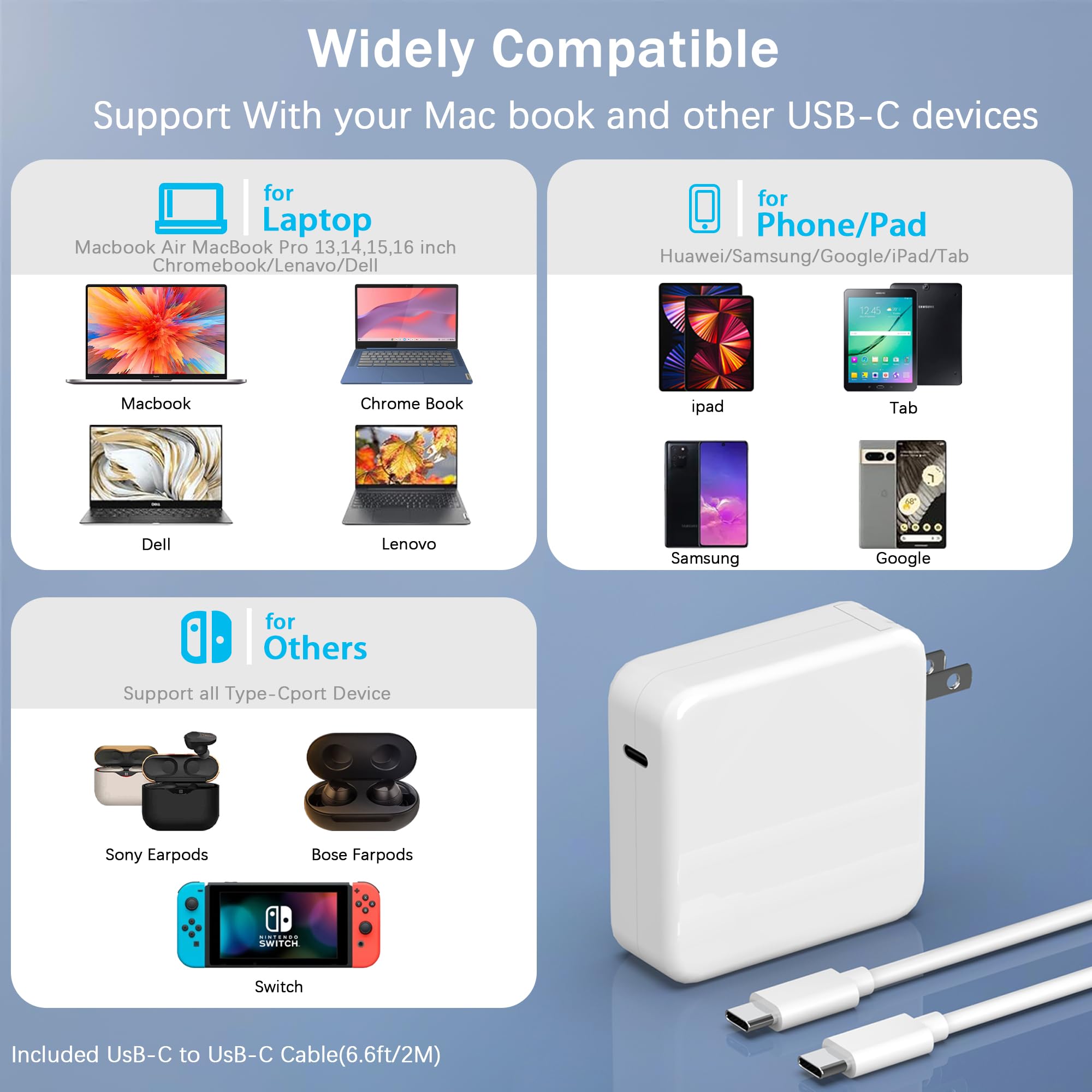 100W USB C Fast Charger for MacBook Pro/Air 16/15/14/13 Inch & iPad - Type C Laptop Charger with 6.6FT Cable - Compatible with All USB-C Devices - Perfect for Home, Office & Travel Charging