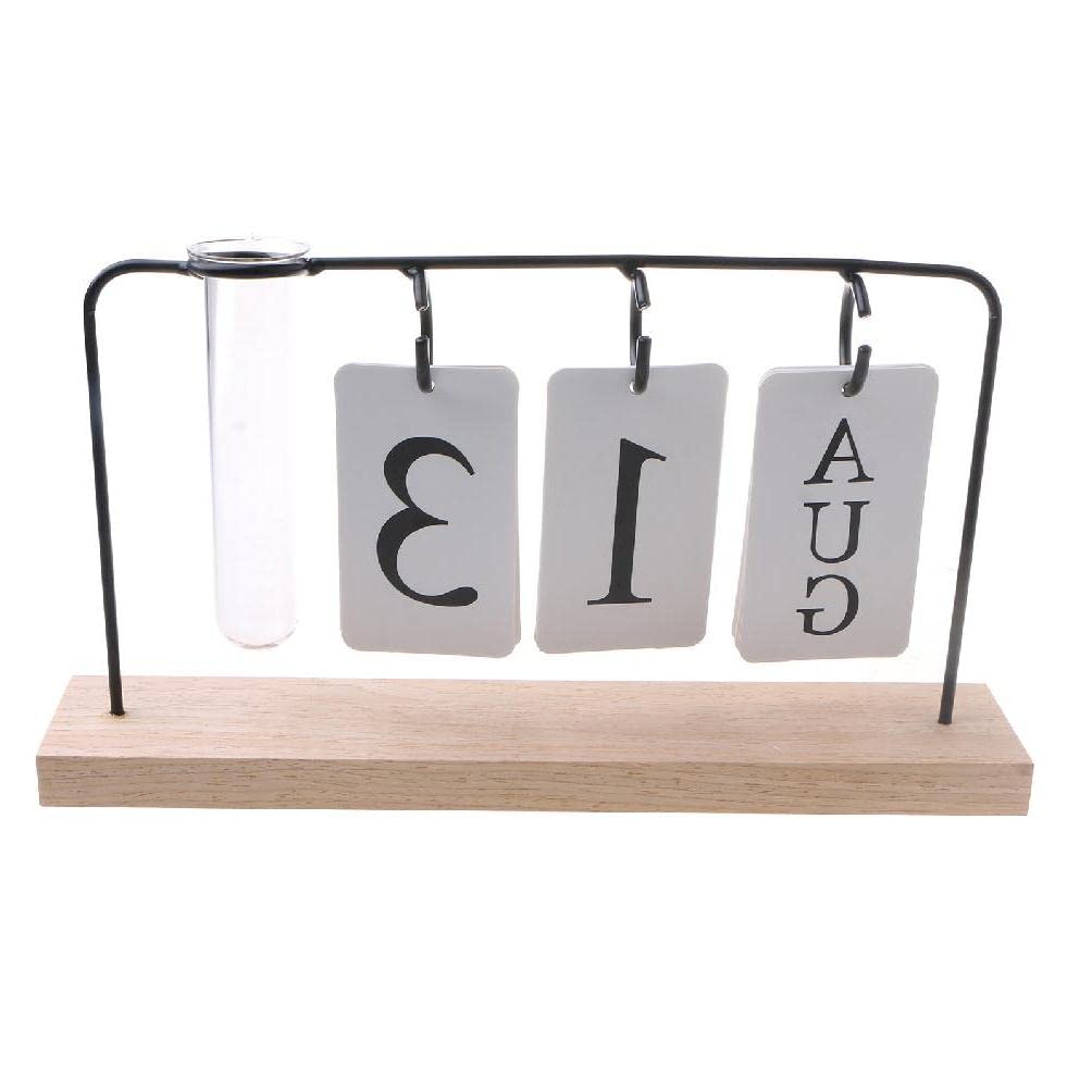 Vintage Metal Flip Desk Calendar with Wood Base & Flower Pot Vase - Daily Office, Kitchen, Living Room Decor - Perfect for Home, Office & Gift Giving