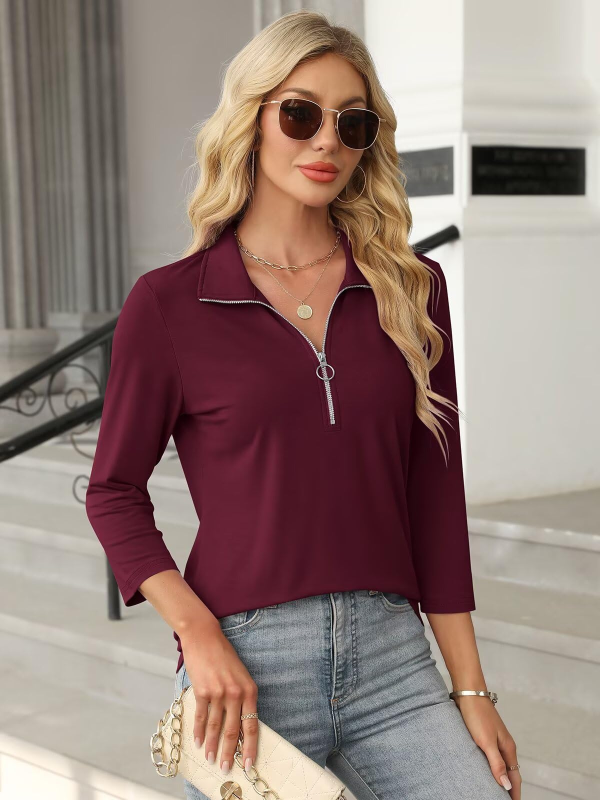 Women's 3/4 Sleeve V-Neck Polo Shirts with Zipper & Color Block Design - Casual Office Wear & Outdoor Activities