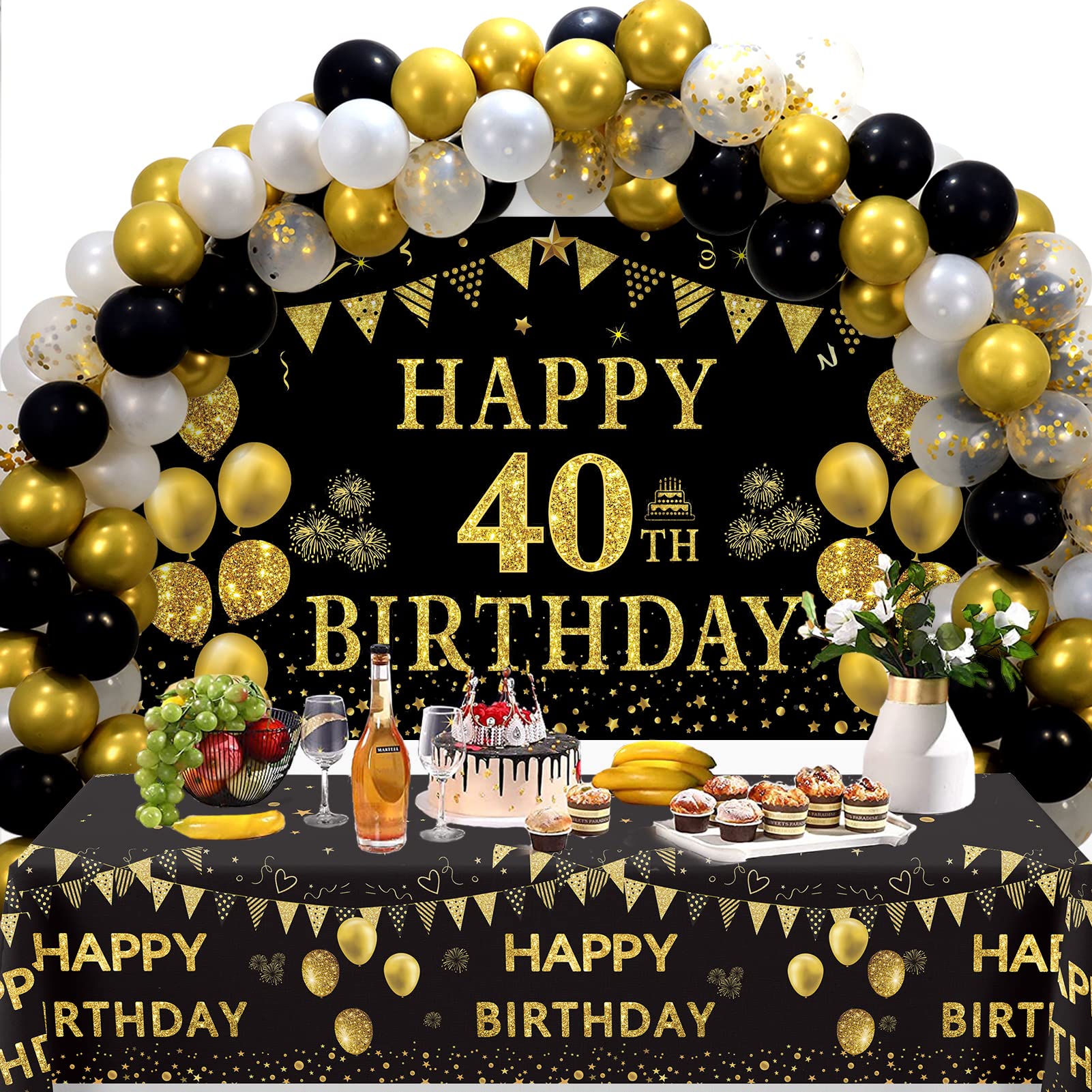 Black Gold Happy 40th Birthday Party Decorations Set - 2 Pcs Banner Backdrop & Tablecloth, 60 Pcs Latex Confetti Balloons - Perfect for Men & Women's 40th Birthday Party Supplies & Gift Ideas - Great for Home, Office, or Venue Celebrations