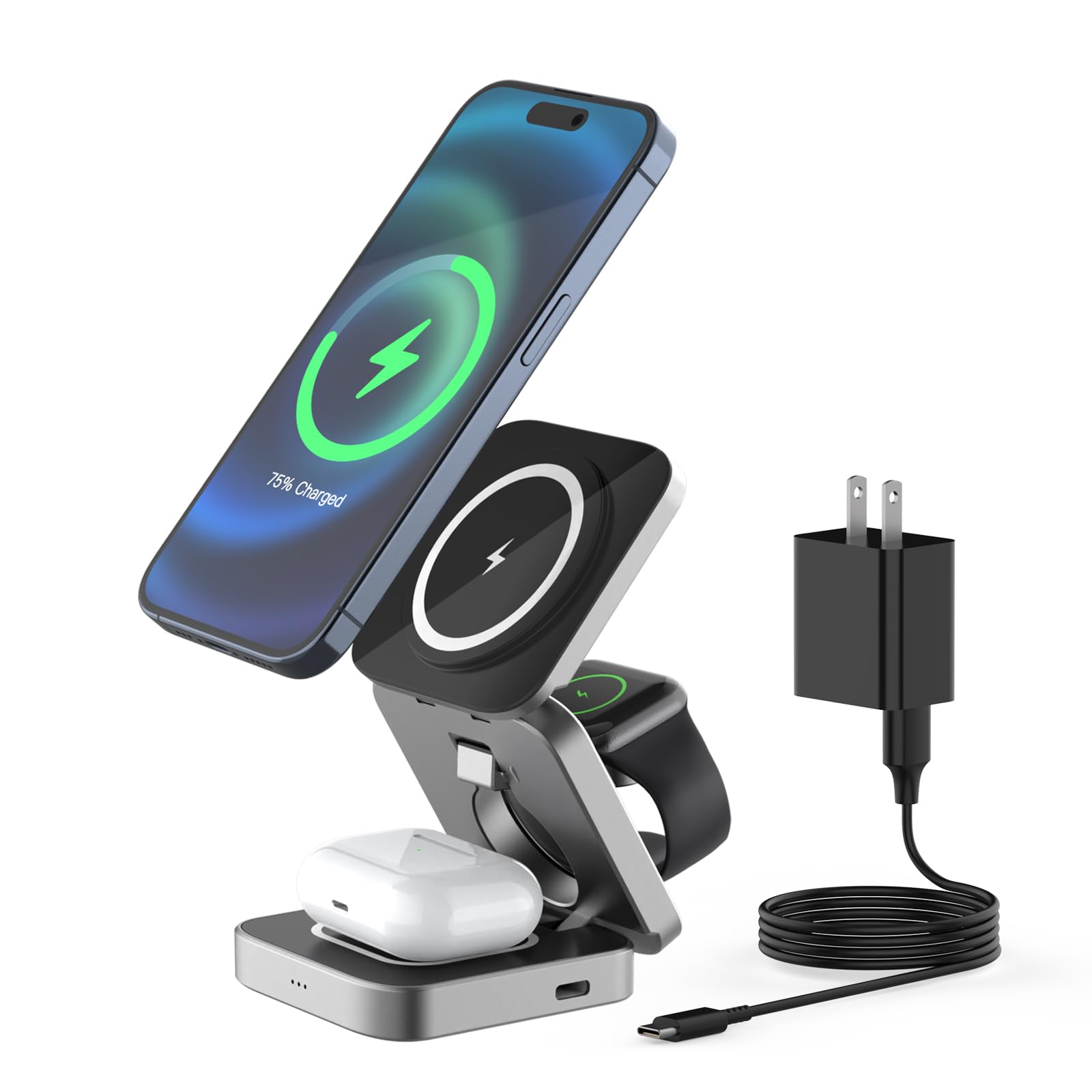 3-in-1 Foldable Wireless Charging Station for iPhone 16/15/14/13/12 Pro/Max/Plus, Apple Watch 10-1/SE/Ultra 2 & AirPods 4/3/2/Pro - Fast Travel Charger for Home, Office & Car