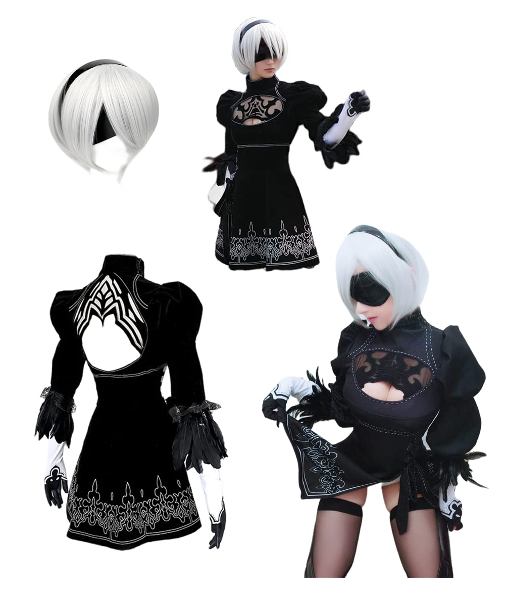 ZNZXYCOS Adult Anime No.2 Type B Cosplay Costume - Black Tight Dress & White Wig Set for Women | Halloween, Cosplay Events & Anime Conventions