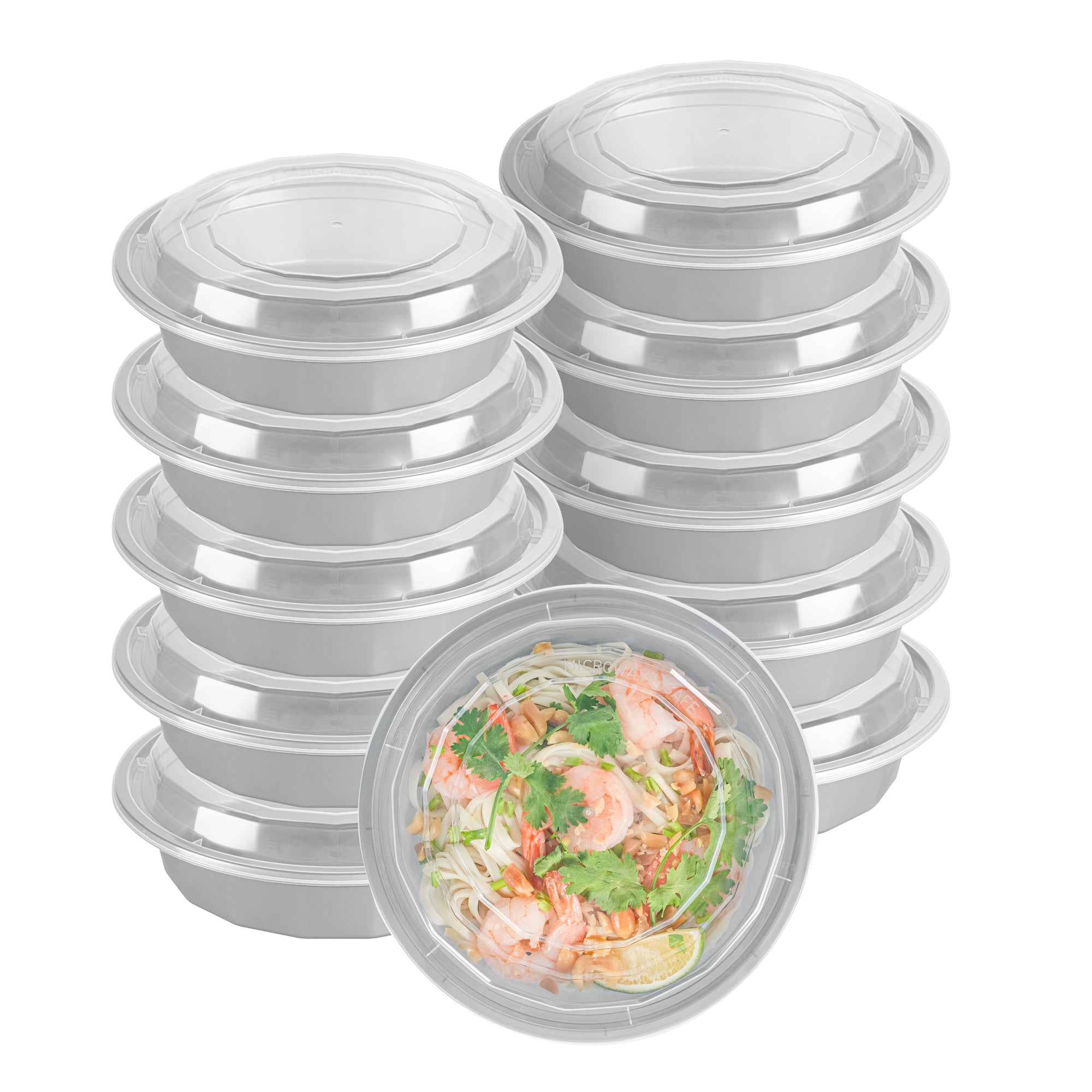 24 oz Round Silver Plastic Takeout Containers with Clear Lids - 100 Pack (7.25