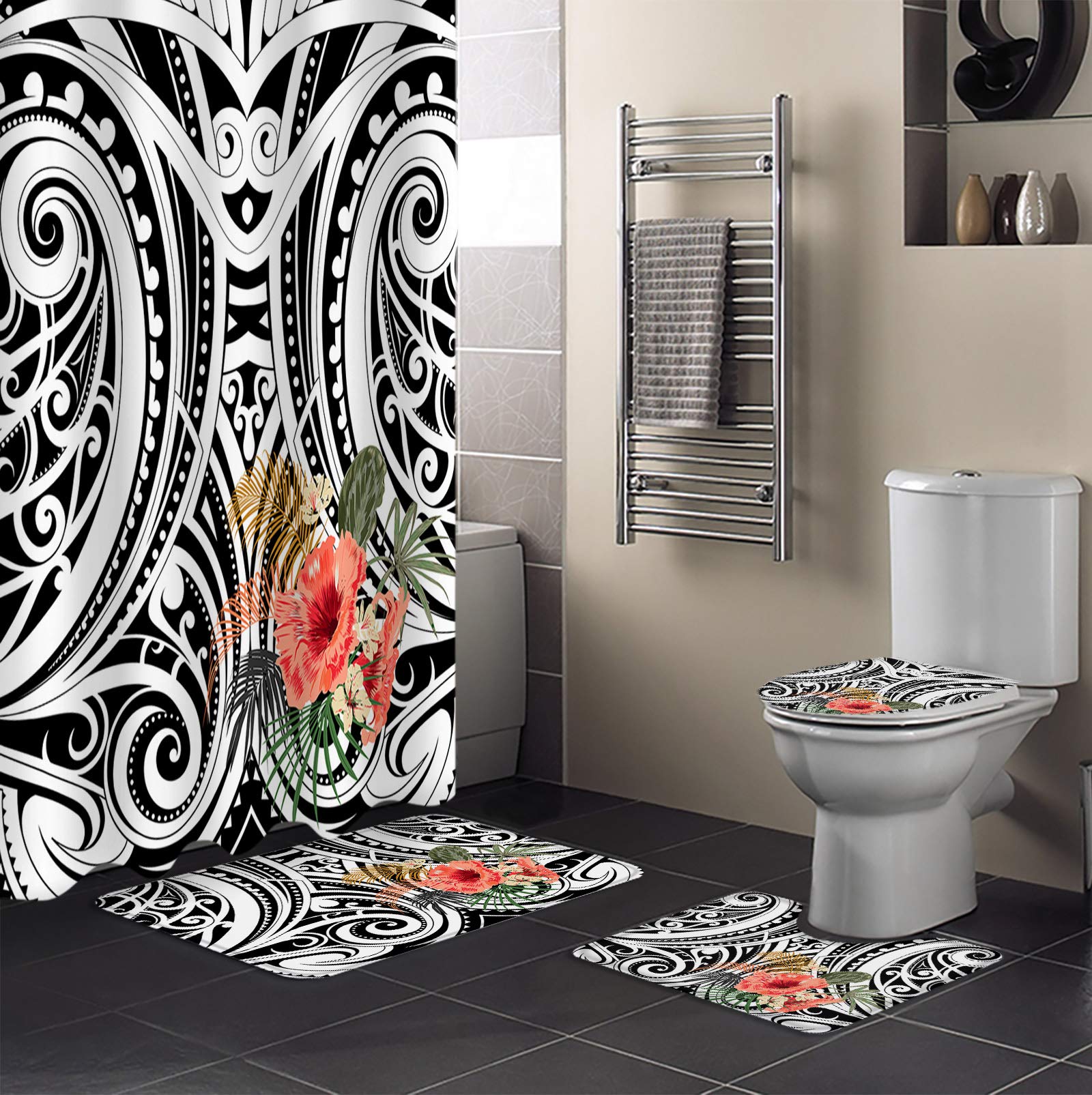 Waterproof Polynesian Flower Line Shower Curtain Set with Non-Slip Bath Mat, Toilet Lid Cover & 4-Piece Bathroom Rugs - Tropical Bathroom Decor for Spa-Like Relaxation