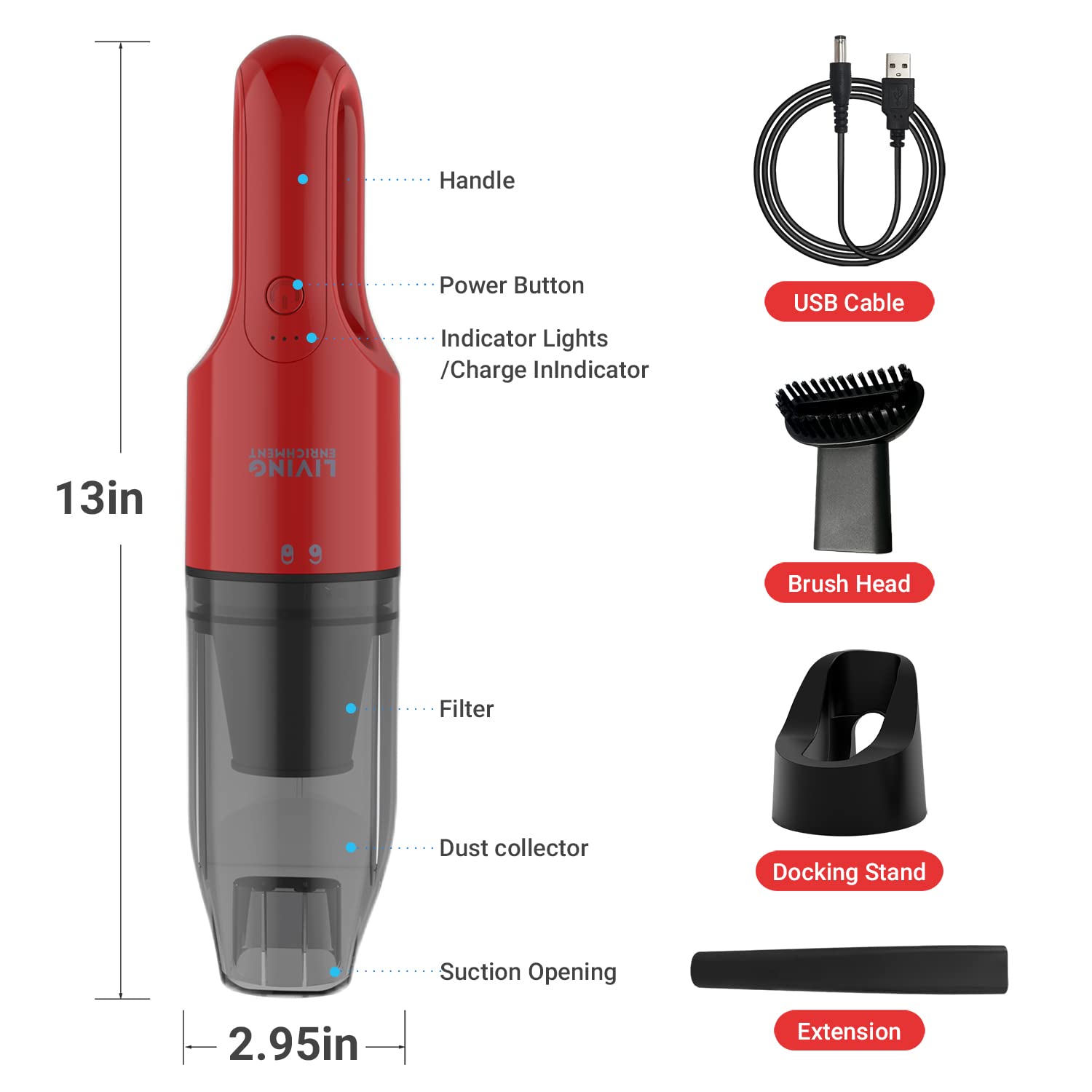 Rechargeable Handheld Vacuum Cleaner for Car & Home - Cordless Dust Buster with Powerful Suction, Crevice Nozzle & Cleaning Brush (Red) - Perfect for Pet Hair, Car Seats & Tight Spaces