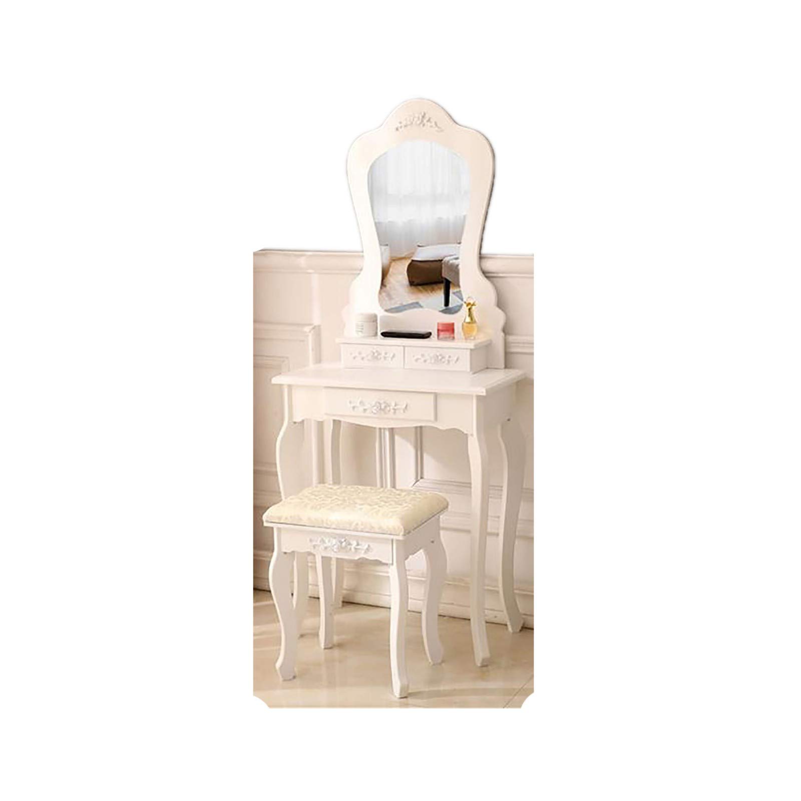 White Mirrored Dressing Table Set with Stool & 3 Drawers | ZXCVBNM Vanity Desk for Bedroom | Perfect for Makeup, Jewelry Storage & Home Decor