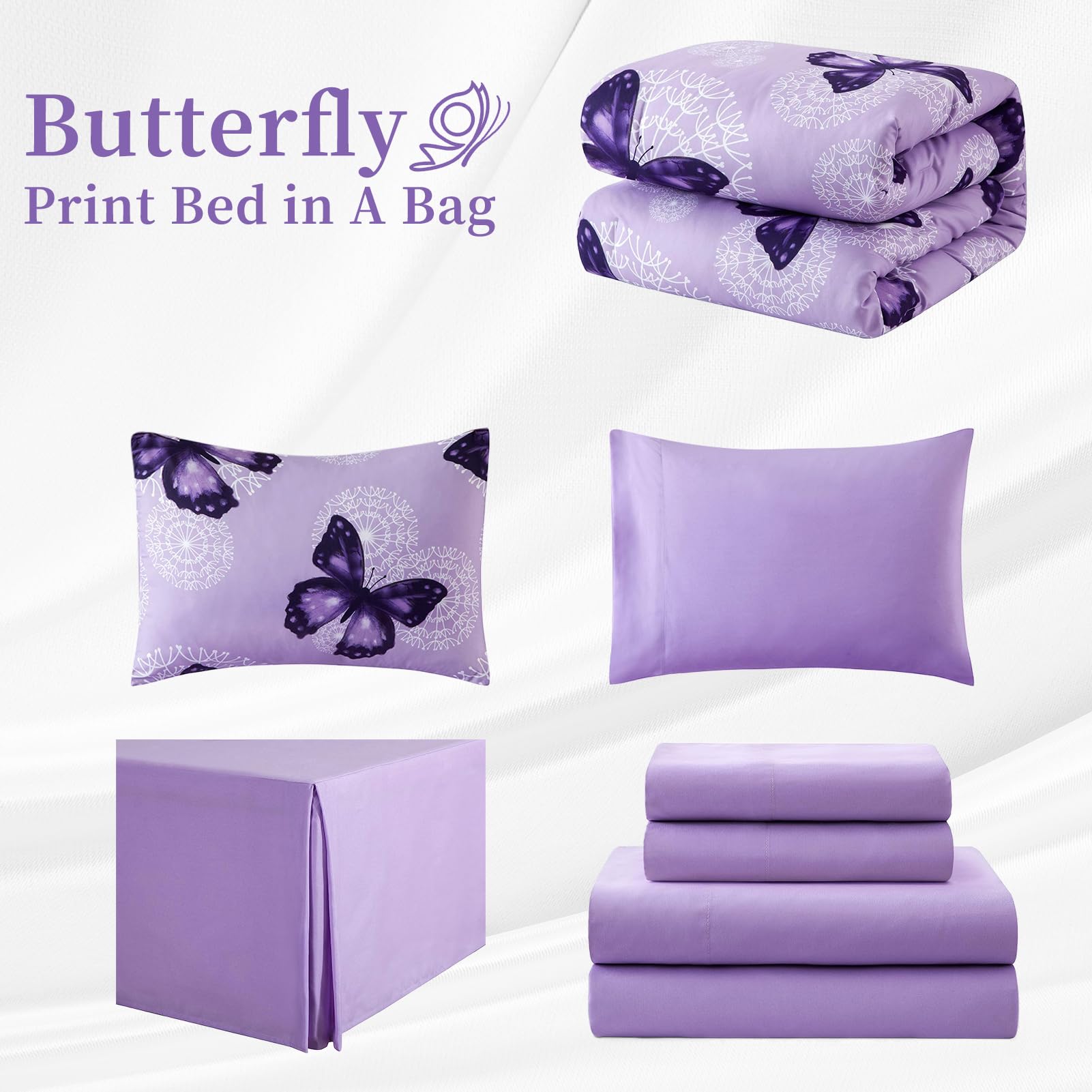 ARTALL 6-Piece Twin Size Bed in a Bag Set - Purple Butterfly All Season Comforter with Pillow Sham, Flat Sheet, Fitted Sheet, Bed Skirt & Pillowcases | Soft Microfiber Bedding for Kids Room, Guest Bedroom & Dorm Essentials