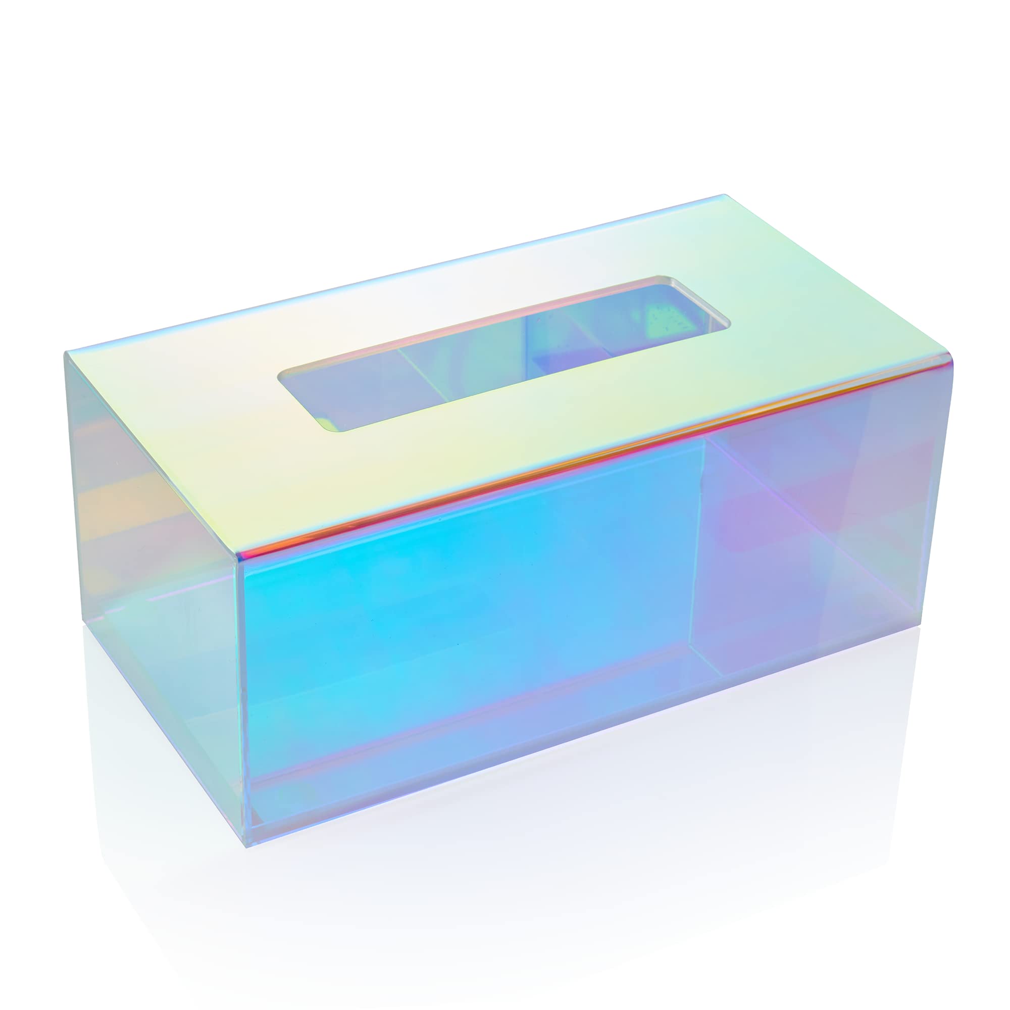 Clear Acrylic Tissue Box Holder - Rectangle Iridescent Dispenser for Facial Tissues, Napkins & Dryer Sheets | Bathroom, Bedroom, Office Desk & Vanity Organizer | Modern Home Decor for Countertops & Nightstands