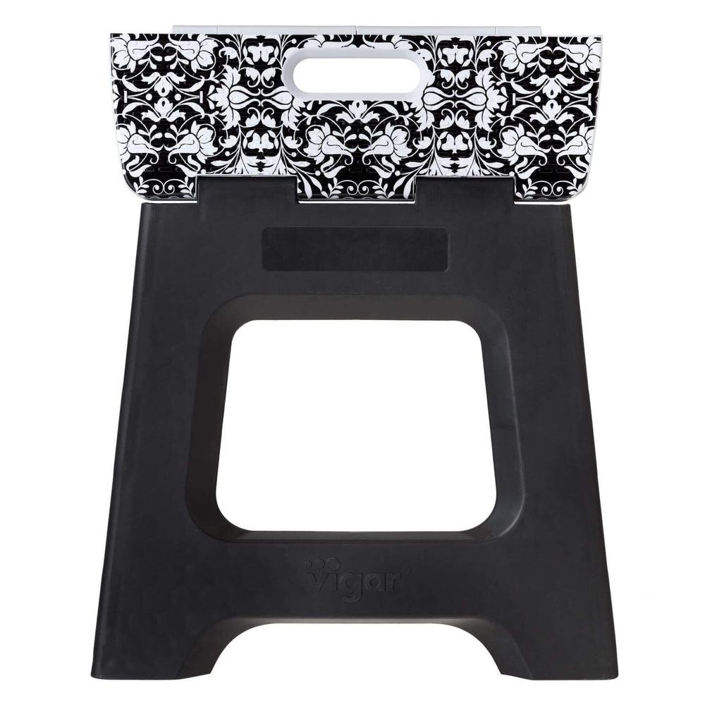 Vigar 32cm Compact Folding Step Stool - Lightweight & Sturdy Black Rococo Print Ladder - Perfect for Kitchen, Bathroom, Kids, and Elderly Use