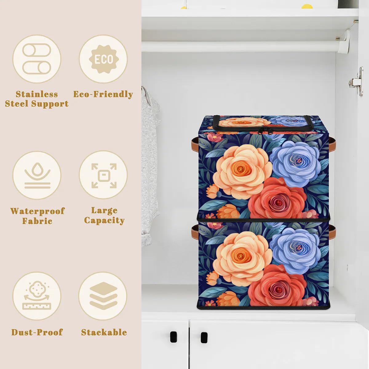 Waterproof Stackable Storage Bins with Zipper Lid - 2 Pack Closet Organizer Baskets with Metal Frame & PU Handles for Clothes, Toys, or Home Organization | Perfect for Bedroom, Nursery, or Office Storage
