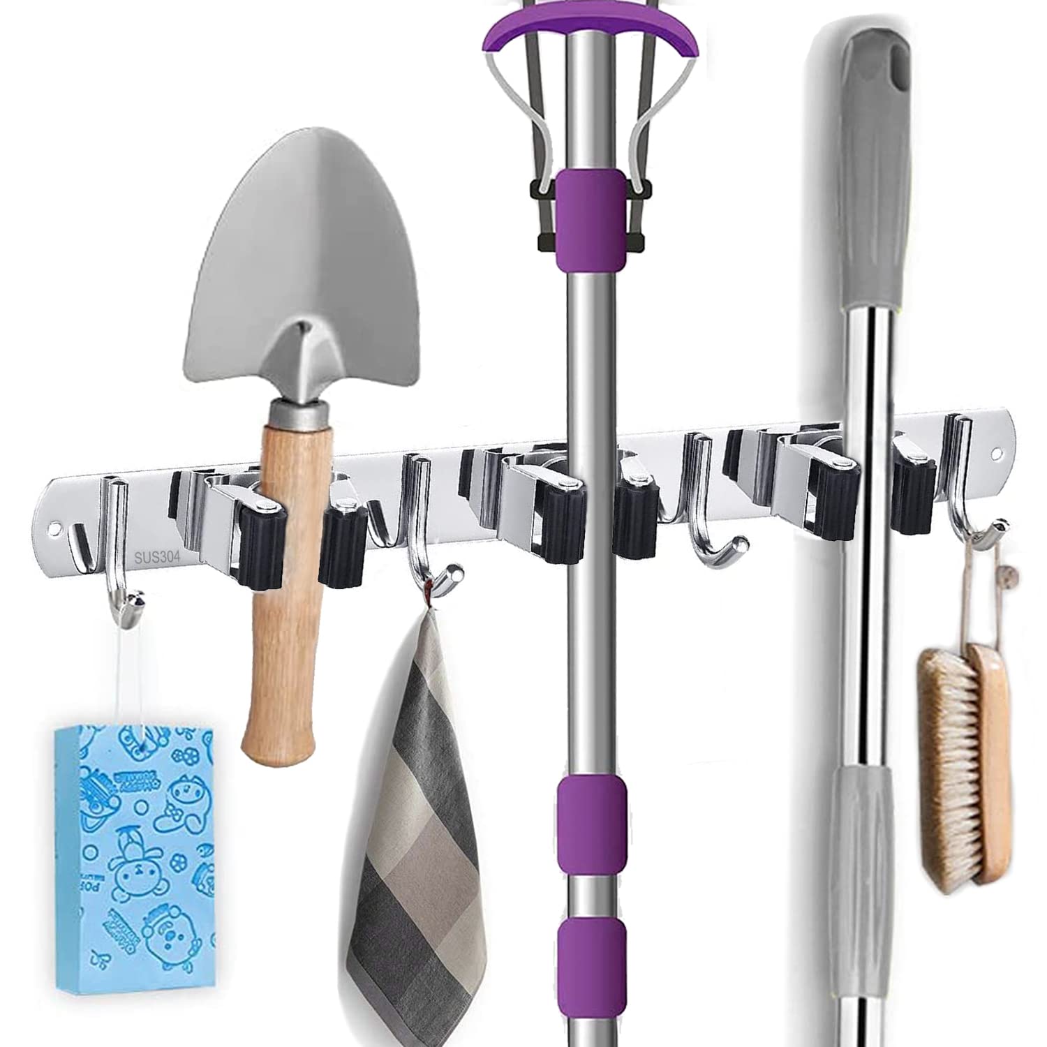 Stainless Steel Wall Mount Mop and Broom Holder with 3 Clips & 4 Hooks - Waterproof Metal Storage Organizer for Kitchen, Bathroom, Garage, Laundry - Space Saving Solution for Cleaning Tools, Towels, and Garden Supplies