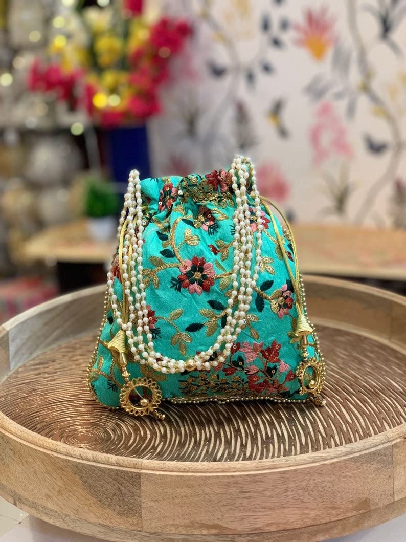 IGH Embroidered Silk Pouch Bag - Designer Women's Potli Clutch Purse with Handle for Festivals, Weddings & Special Occasions | Perfect Gift for Women, Brides & Party Accessories