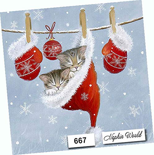 Christmas Sleepy Kittens Paper Napkins - Decorative Luncheon Napkins for Holiday Parties, 6.5