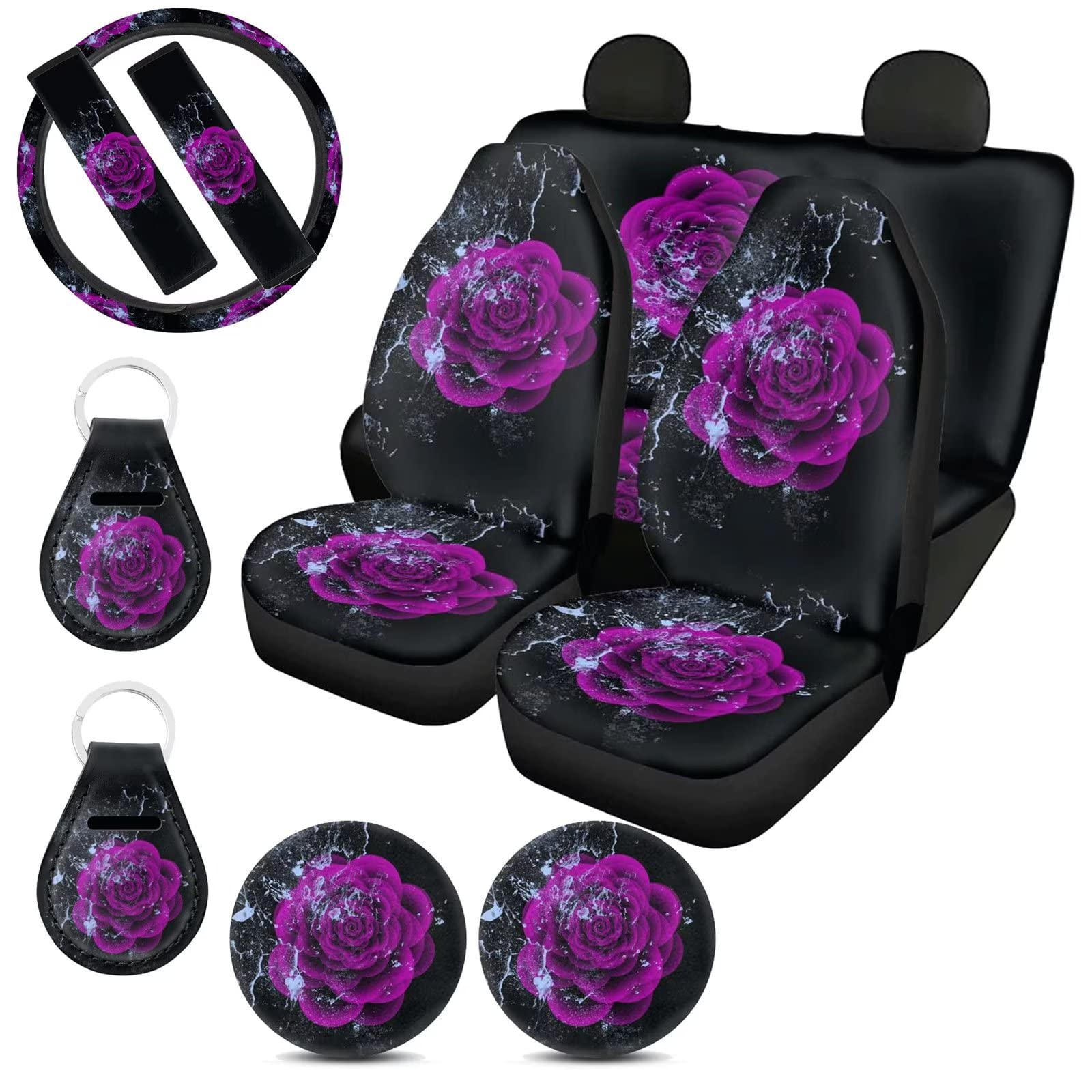 HELLHERO Purple Rose Car Seat Covers for SUVs & Trucks - Women's Steering Wheel Cover, Shoulder Pad, Coaster Holder & Keychains Set | Luxury Car Accessories for Comfort & Style