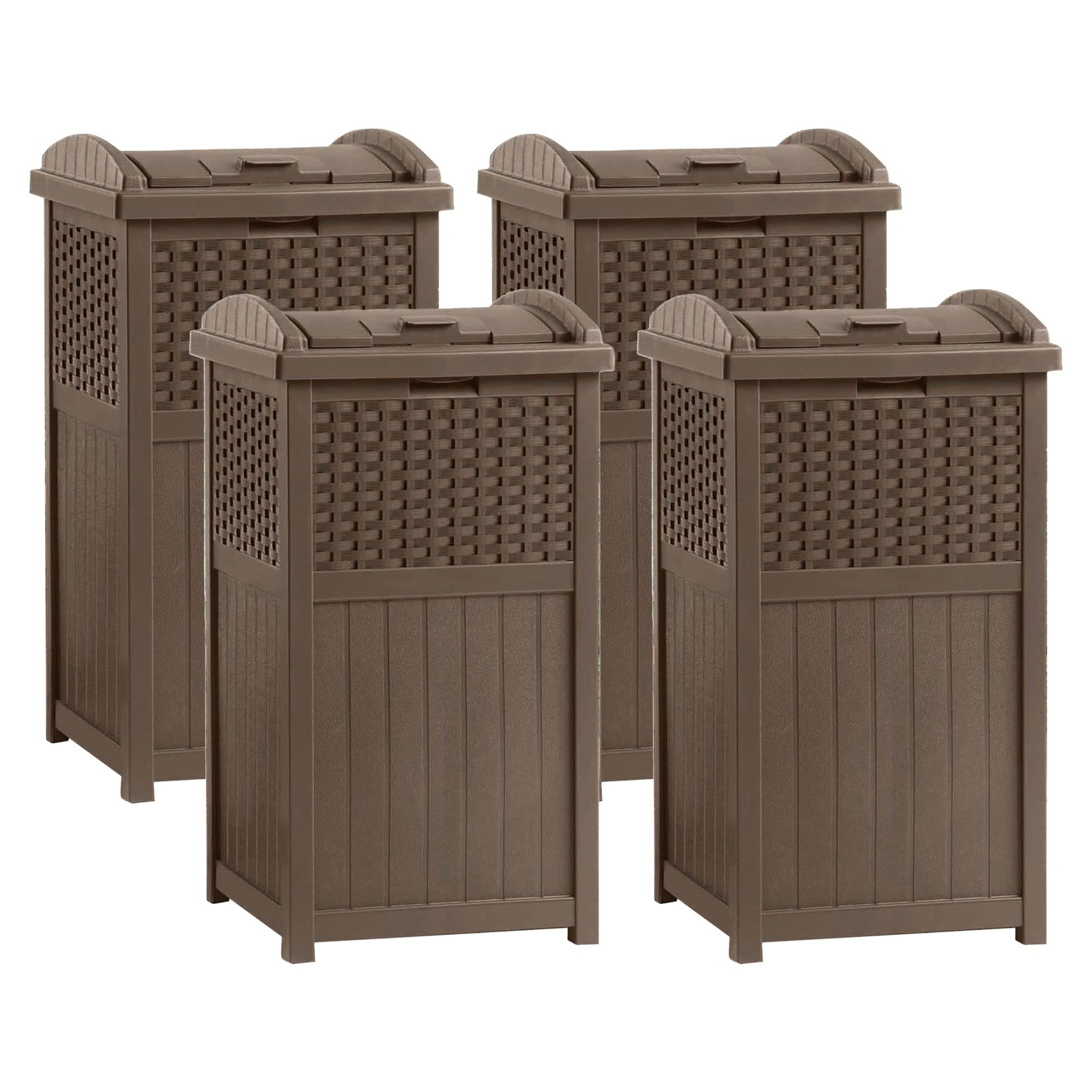 Suncast 33 Gallon Resin Wicker Outdoor Trash Hideaway Garbage Can - 4 Pack Set for Patio, Deck, Backyard & Garden Waste Disposal