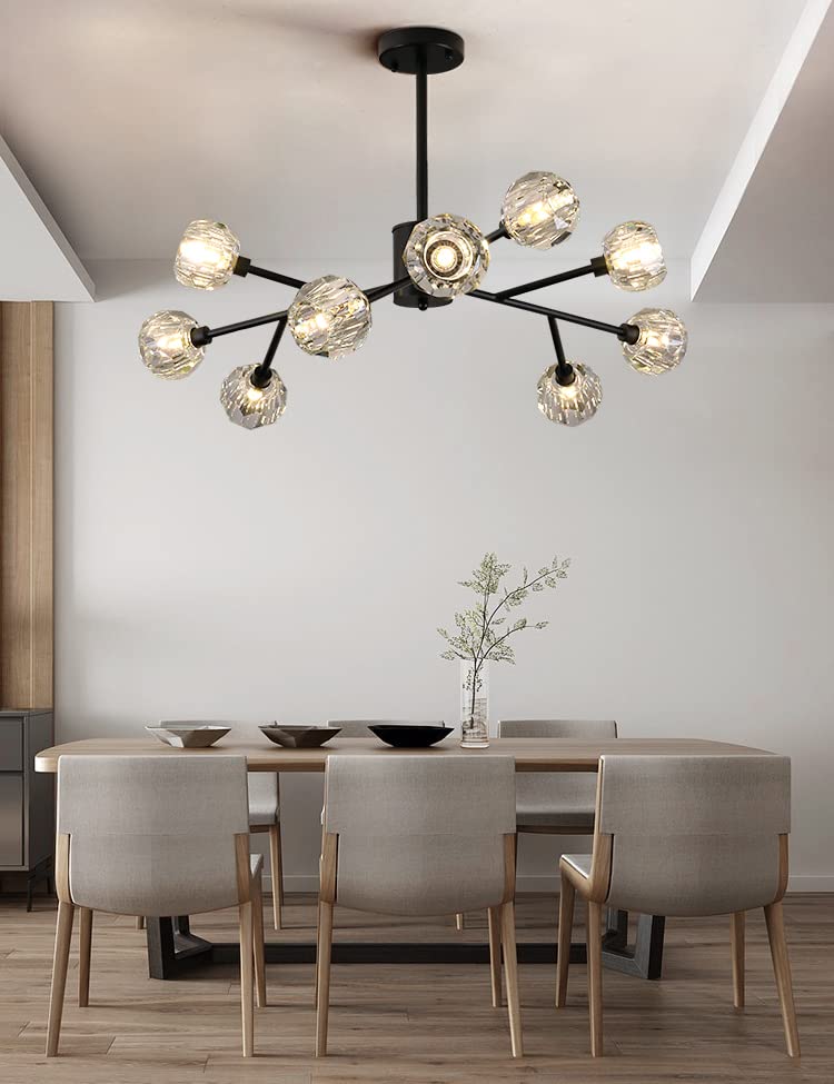 Modern Black Sputnik Chandelier - 9-Light Crystal Pendant Lighting Fixture for Living Room, Dining Room, Bedroom | Elegant Home Decor for Contemporary Interiors & Dinner Parties