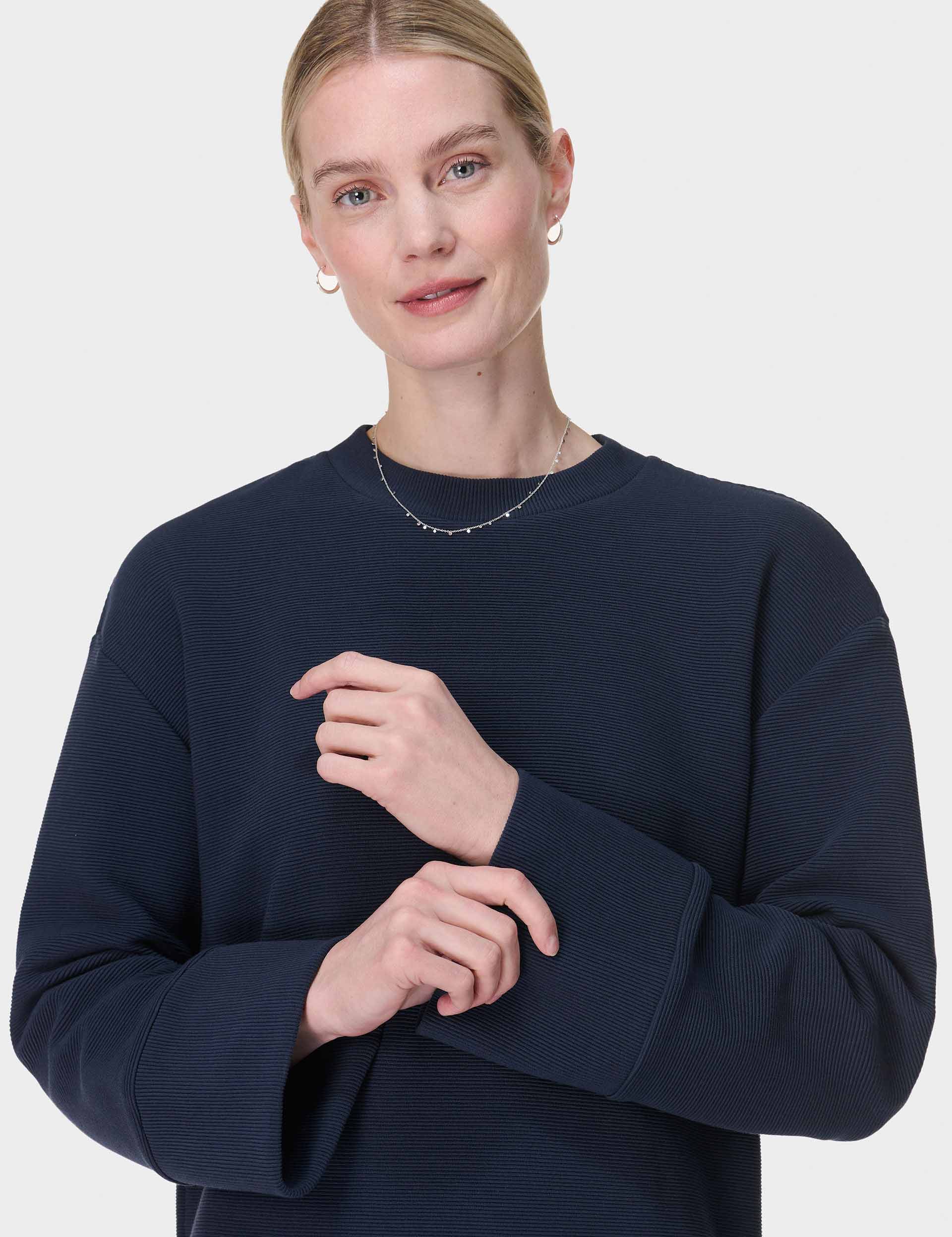 Cozy Ribbed Sweatshirt for Women - Soft Navy Blue Pullover | Perfect for Casual Outings, Lounging & Fall Layering