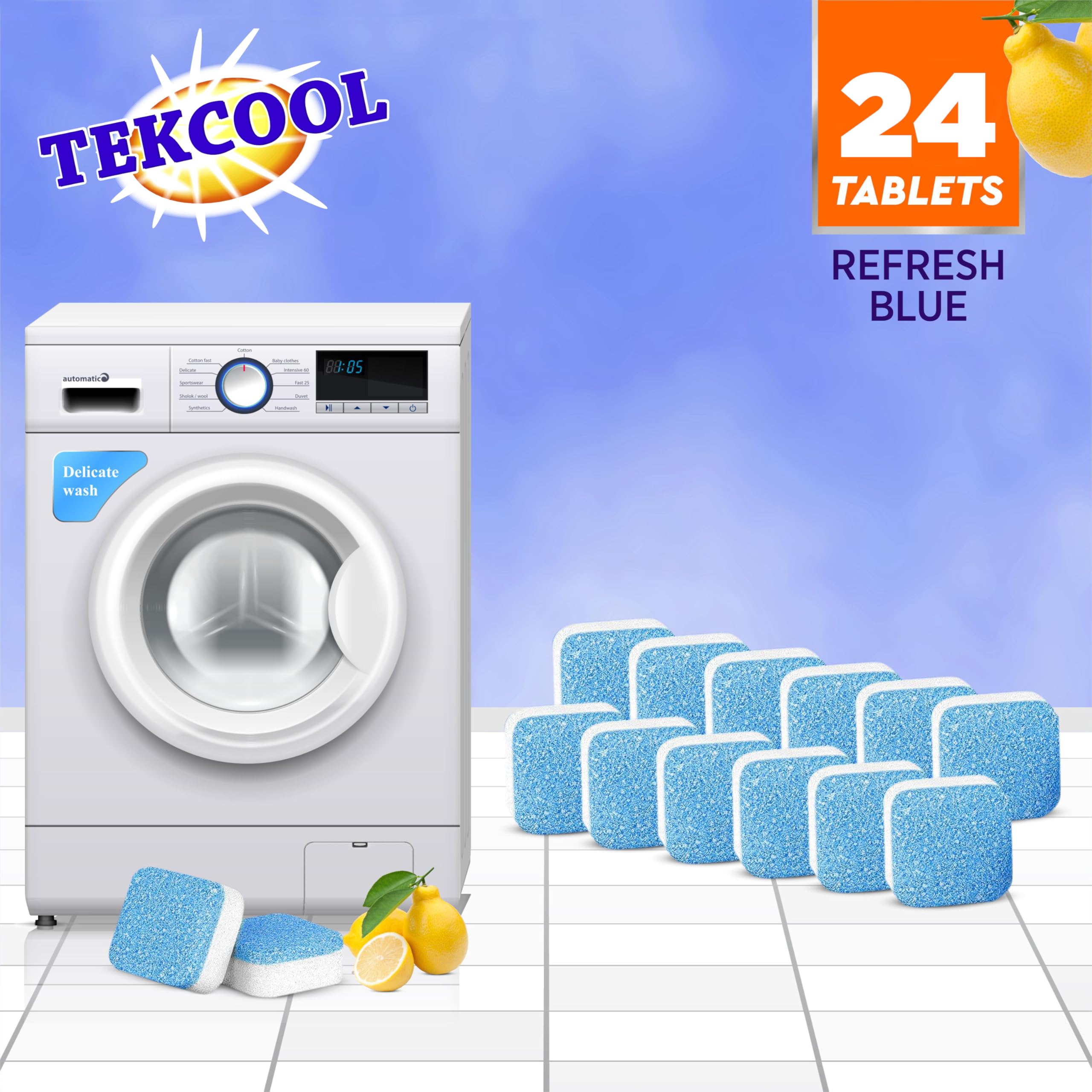 TEKCOOL Washing Machine Cleaner Tablets - 24 Pack Descaling Powder for Front & Top Load Washers, Deep Clean & Deodorize - Refresh Blue | Ideal for Laundry Maintenance & Odor Removal